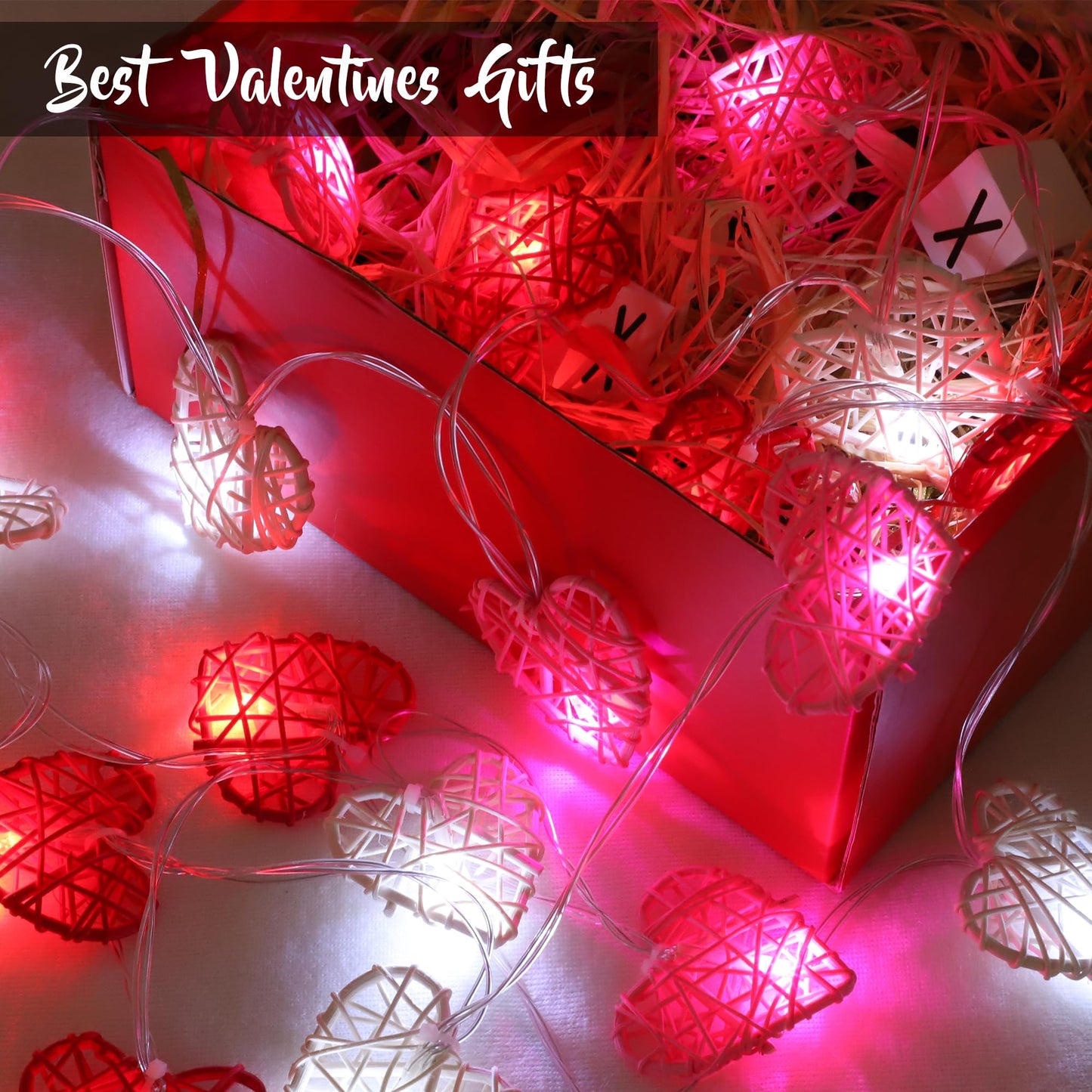 Valentines Day Decorations Red Pink White Heart Lights 10FT 20LED 3D Hollowed Rattan Big Heart String Light Battery Operated, Valentines Day Lights Romantic Valentines Decoration Bedroom Party