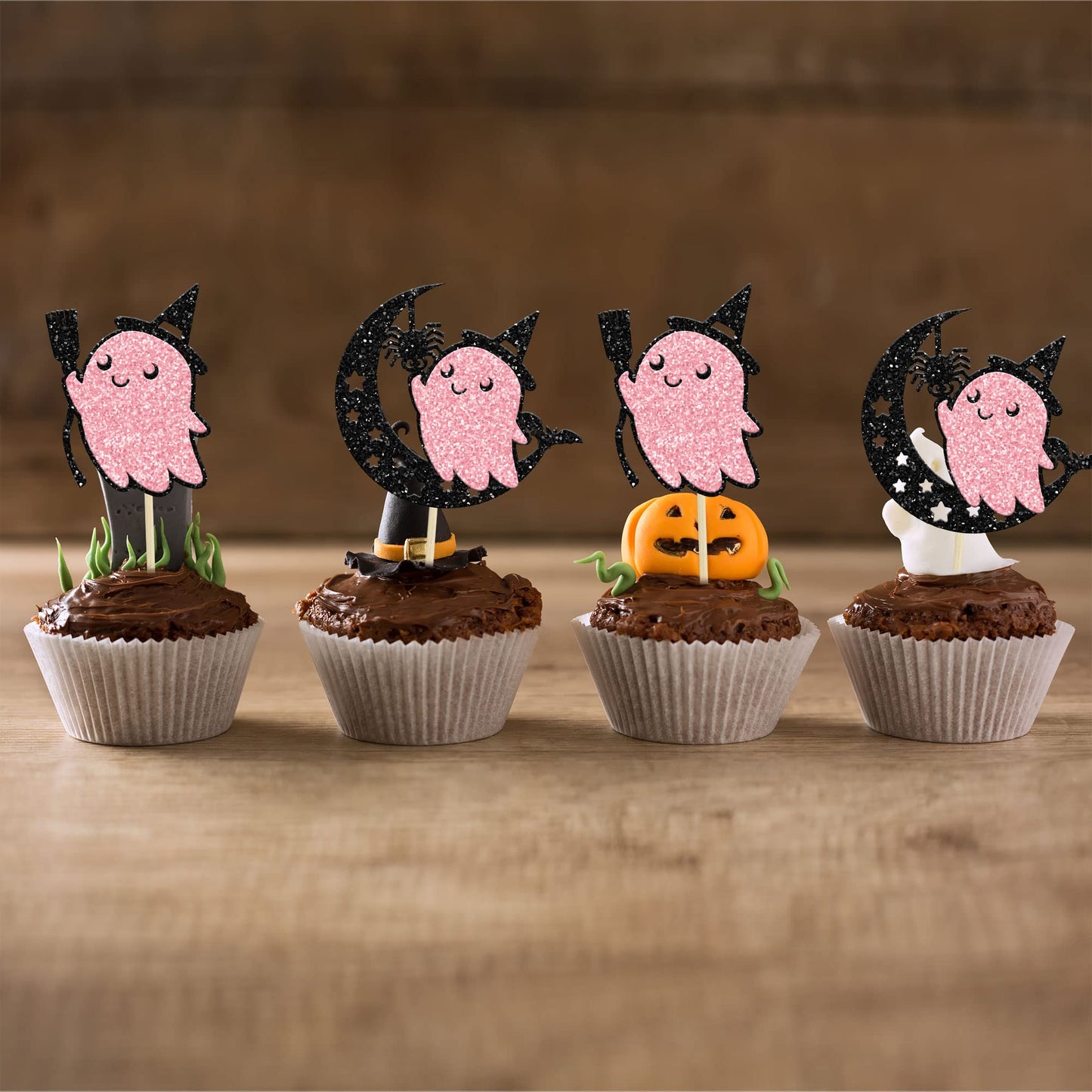 24Pcs Pink Halloween Cupcake Toppers Pink Ghost Little Boo Cake Toppers Decorations for Pink Girl Halloween Birthday Baby Shower Party Supplies