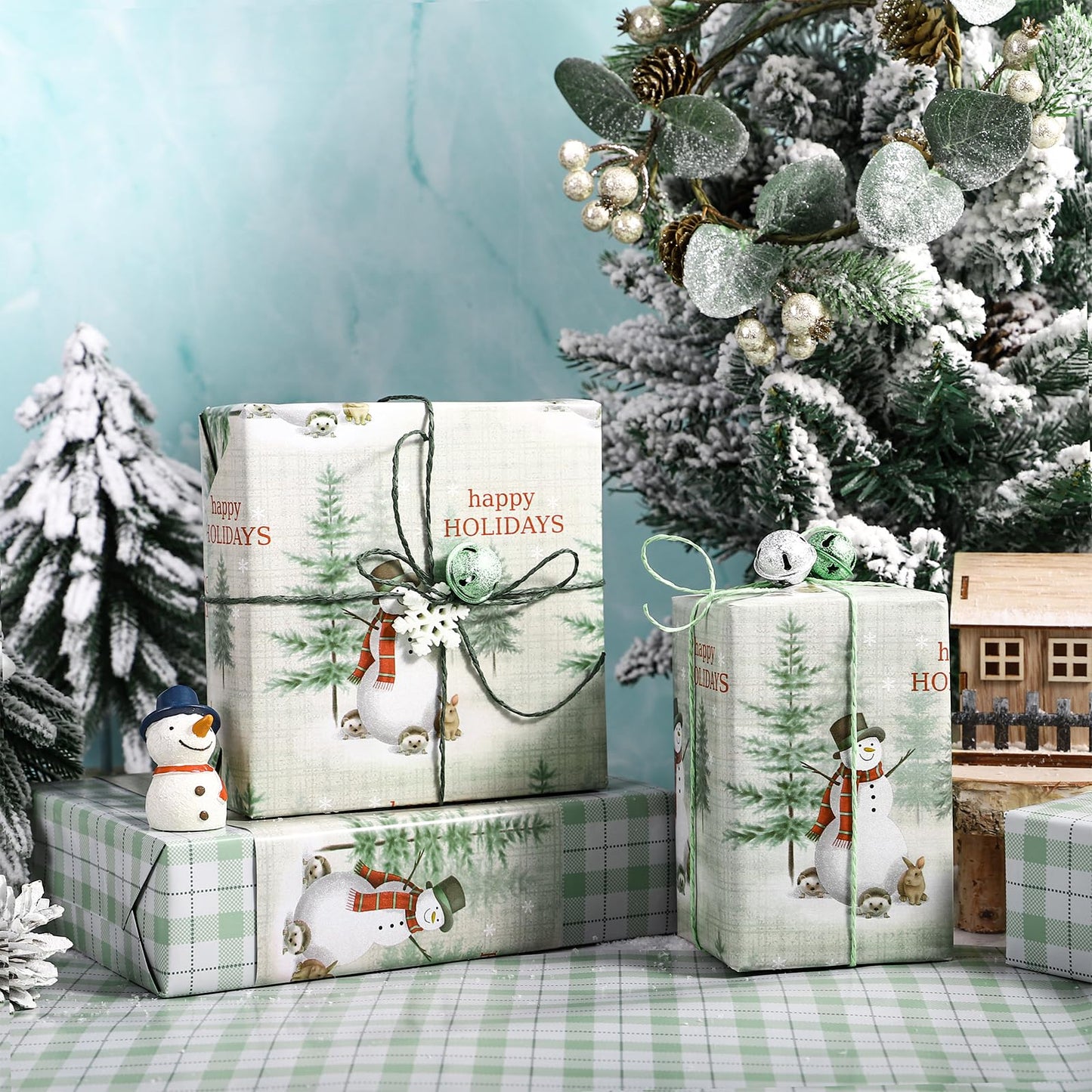 Reversible Wrapping Paper Roll - Mini Roll - Christmas Snowman and Plaid Pattern Great for Christmas, Party, Holiday - 17.5 Inches X 32.8 Feet