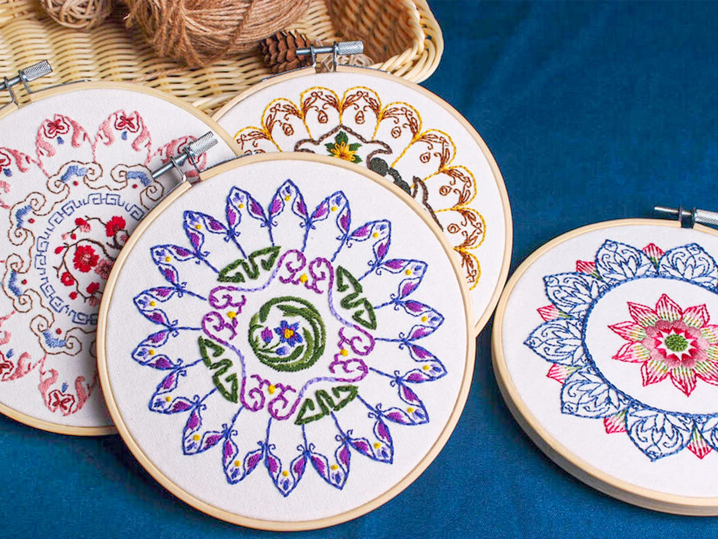 4 Mandala Embroidery Starter Kit with Instruction Plum Blossom Chrysanthemum Orchid Lotus Needlepoint Cross Stitch Kit with Embroidery Hoop Threads Needle Scissors for Beginners DIY Craft
