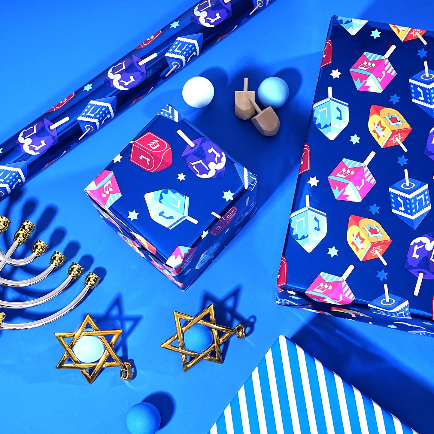 Hanukkah Wrapping Paper Roll, Double-Sided Foil Gift Wrap with Dreidel & Stripes, 17 inch x 33 feet, Blue Holiday Wrapping for Family, Kids Presents & Party Supplies