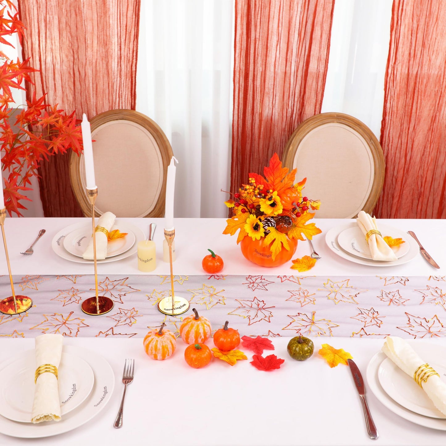 Fall Table Runners, Gold Maple Leaves Thanksgiving Table Decorations for Autumn Harvest Sequin Glitter Lightweight Black Thin Mesh Sparkle Farmhouse Dining Party Decor 120 Inch