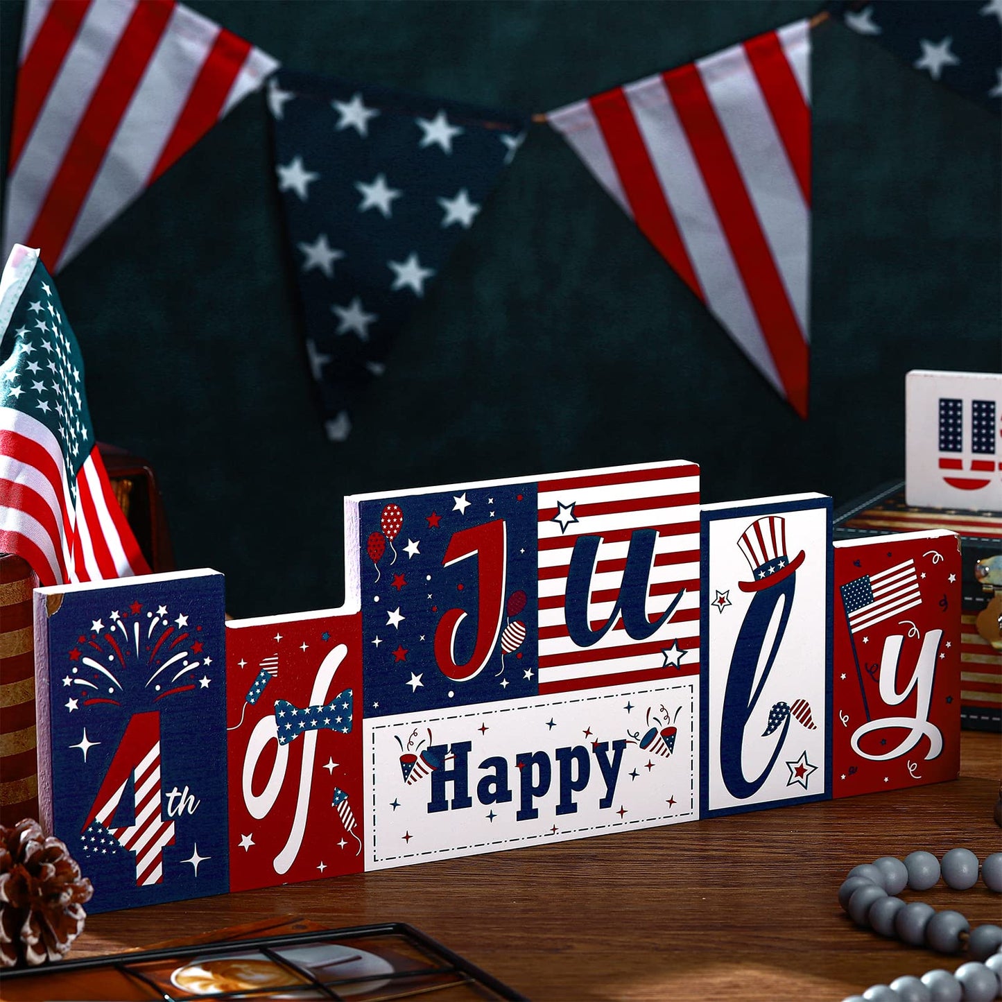 Summer Wooden Table Sign Double Sided Hello Summer and Happy 4th of July Tabletop Sign Hawaii Wood Block Memorial Day patriotic Tiered Tray Decor for Office Home indoor Shelf Centerpiece