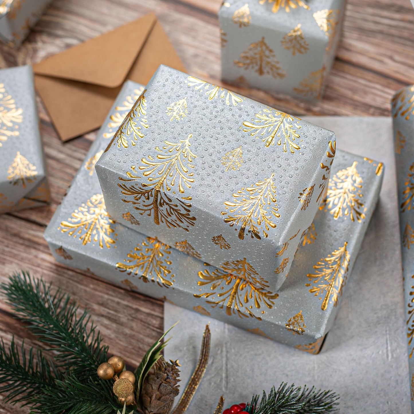 Kraft Christmas Wrapping Paper,Gray and Gold 3D Embossed Foil Christmas Tree with Woodlands Wrap Paper for Holiday, Party,Celebration, New Year (17 Inch X 32.8 Feet)