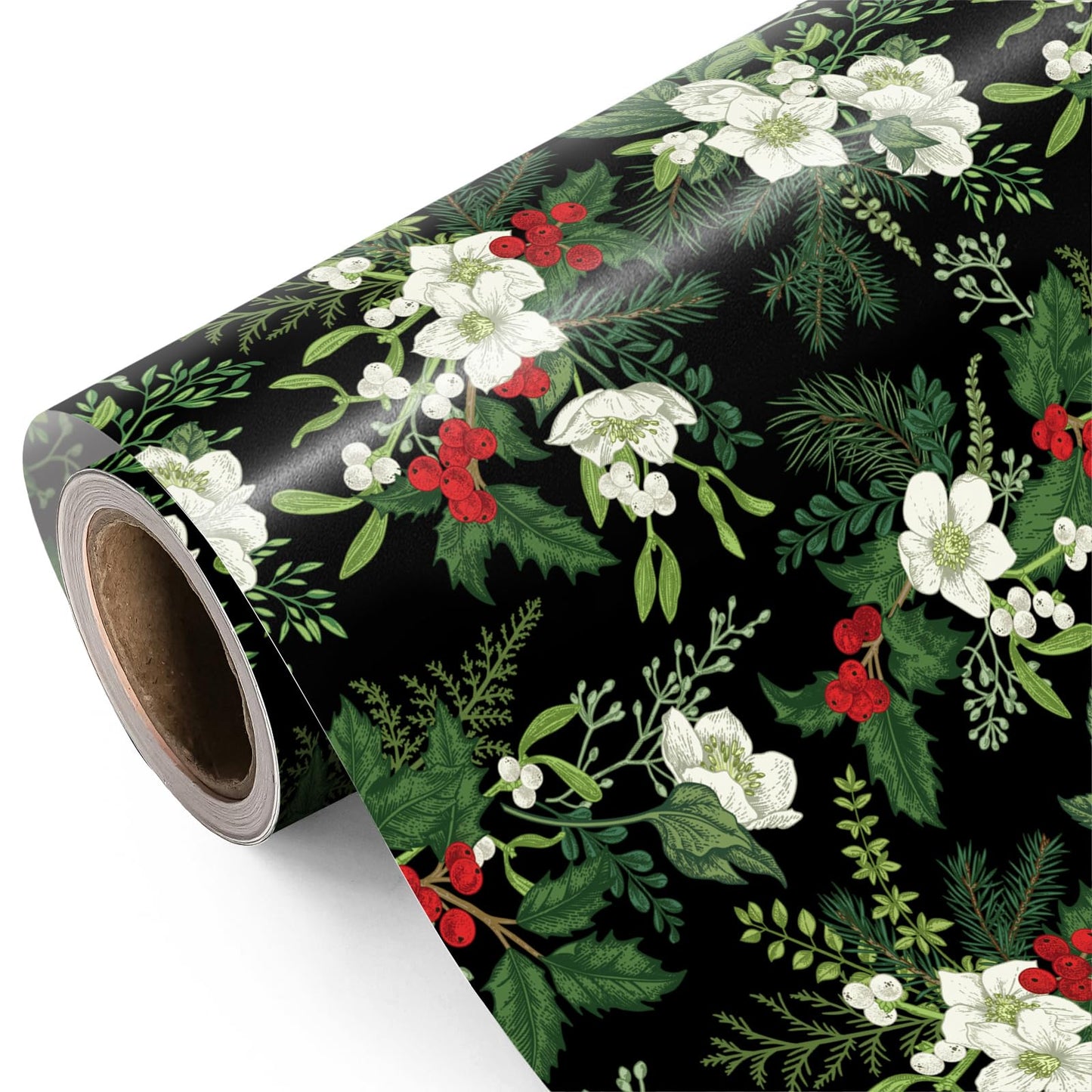 Christmas Wrapping Paper - Mini Roll - 17 Inch x 33 Feet - White Floral Wrapping Paper with Green Leaves and Red Berries for Xmas Holiday, Party Celebration