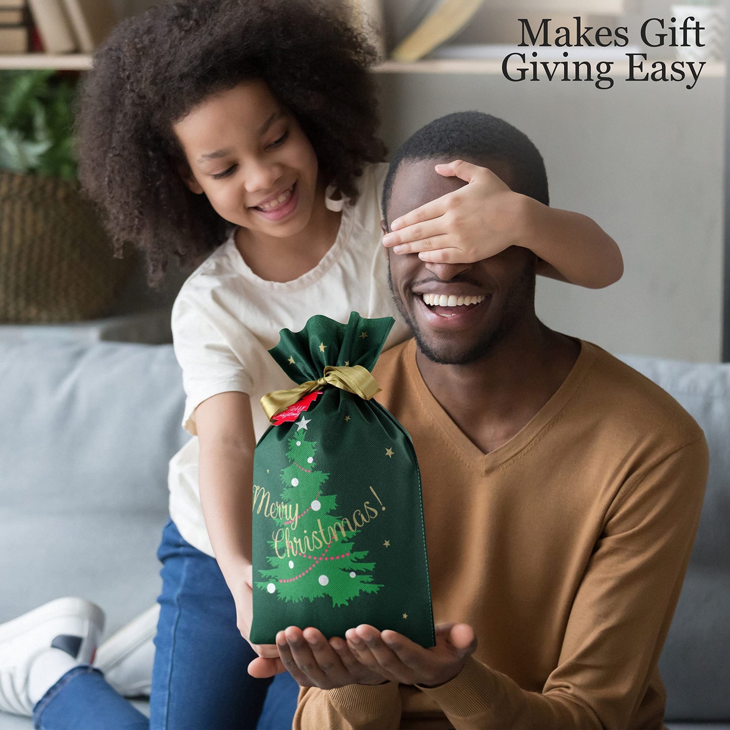 Fabric Gift Bags for Christmas Presents - 6 Pcs Christmas Gift Bags with Drawstring, Large Reusable Drawstring Bags for Gifts (Green Tree)