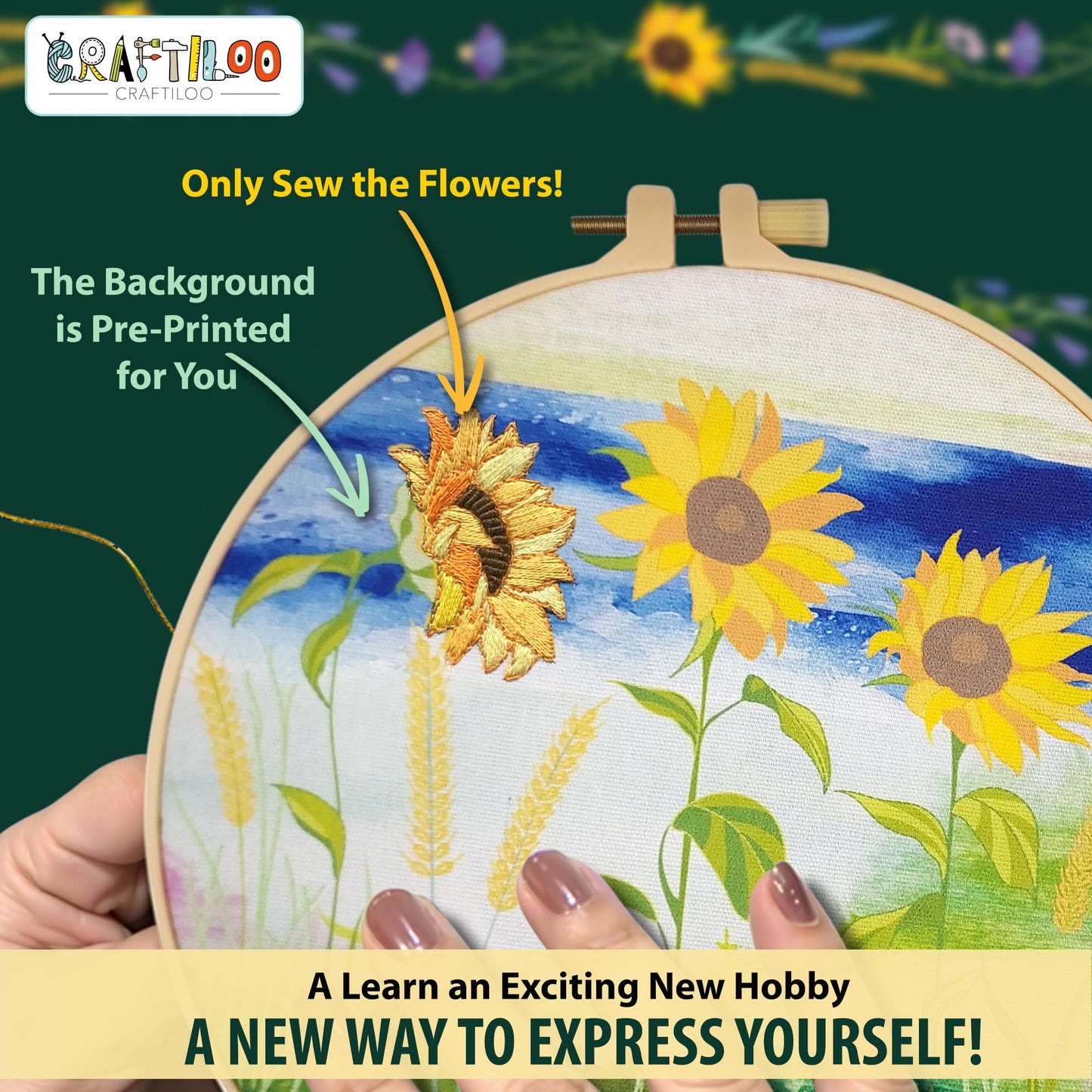 CRAFTILOO 4 Pack Embroidery Kit for Beginners Stamped Cross Stitch Kits for Beginners Needlepoint Kits for Adults Sunflower Cross Stitch Embroidery Kits Needlework Kit DIY Crafts for Woman