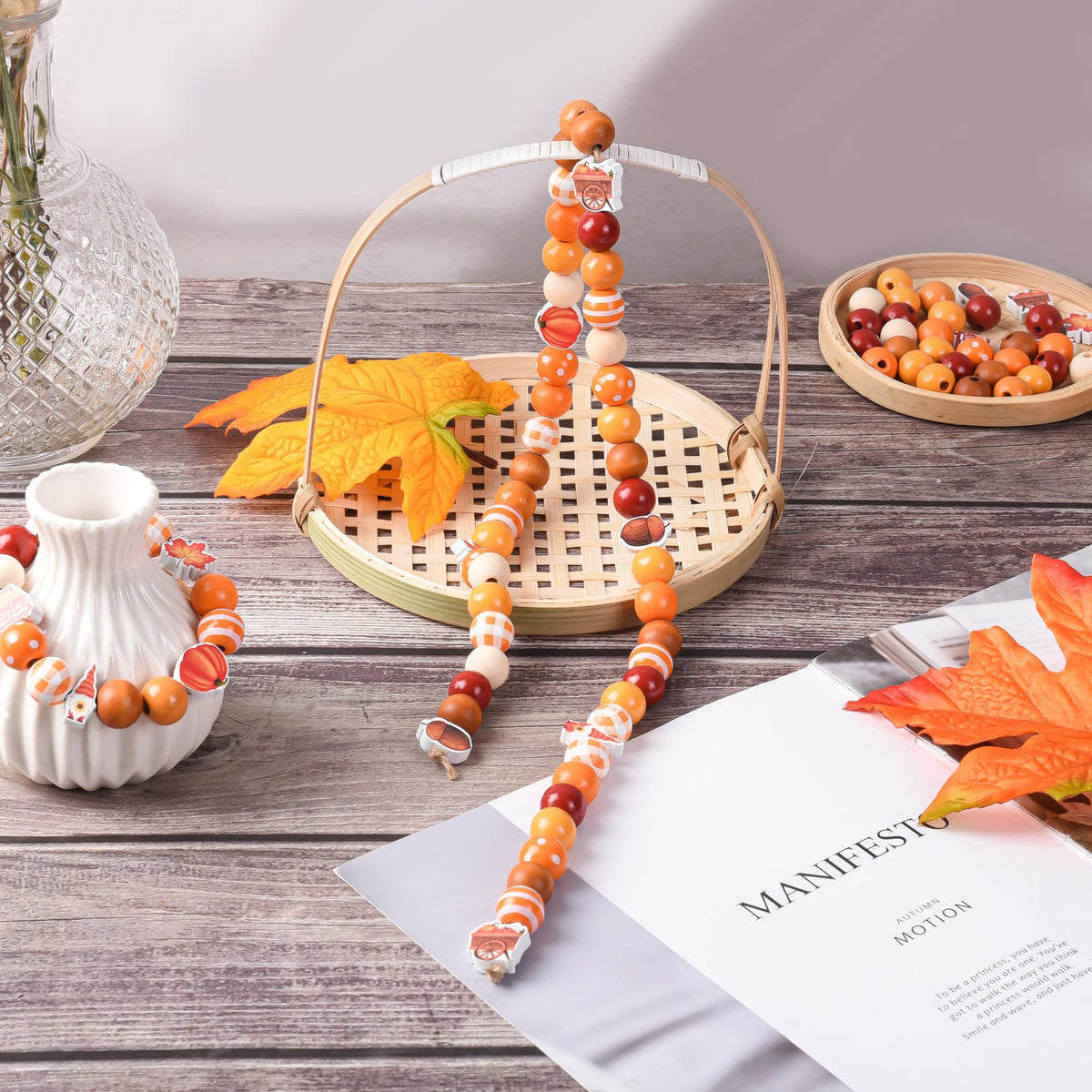 240 Pieces Fall Wooden Beads Thanksgiving Orange Craft Bead