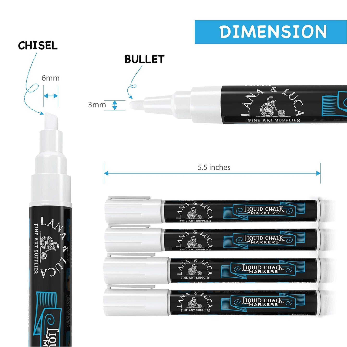 Liquid Chalk Marker Pen - White Dry Erase Marker - Chalkboard Signs, Windows, Blackboard, Glass (6 Pack) 3-6mm Reversible Tip, 3-3mm Fine Tip