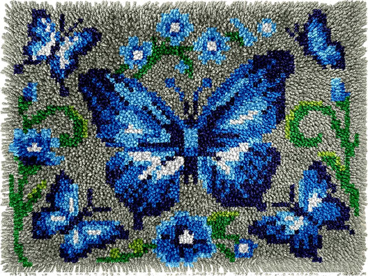 Blue Butterfly Latch Hook Kits for Adults, Beginners Insect Latch Hook Rug Starter Kit Pre-Printed Carpet Making Set DIY Handmade Wall Hanging Craft for Home Decoration 20x15 inch