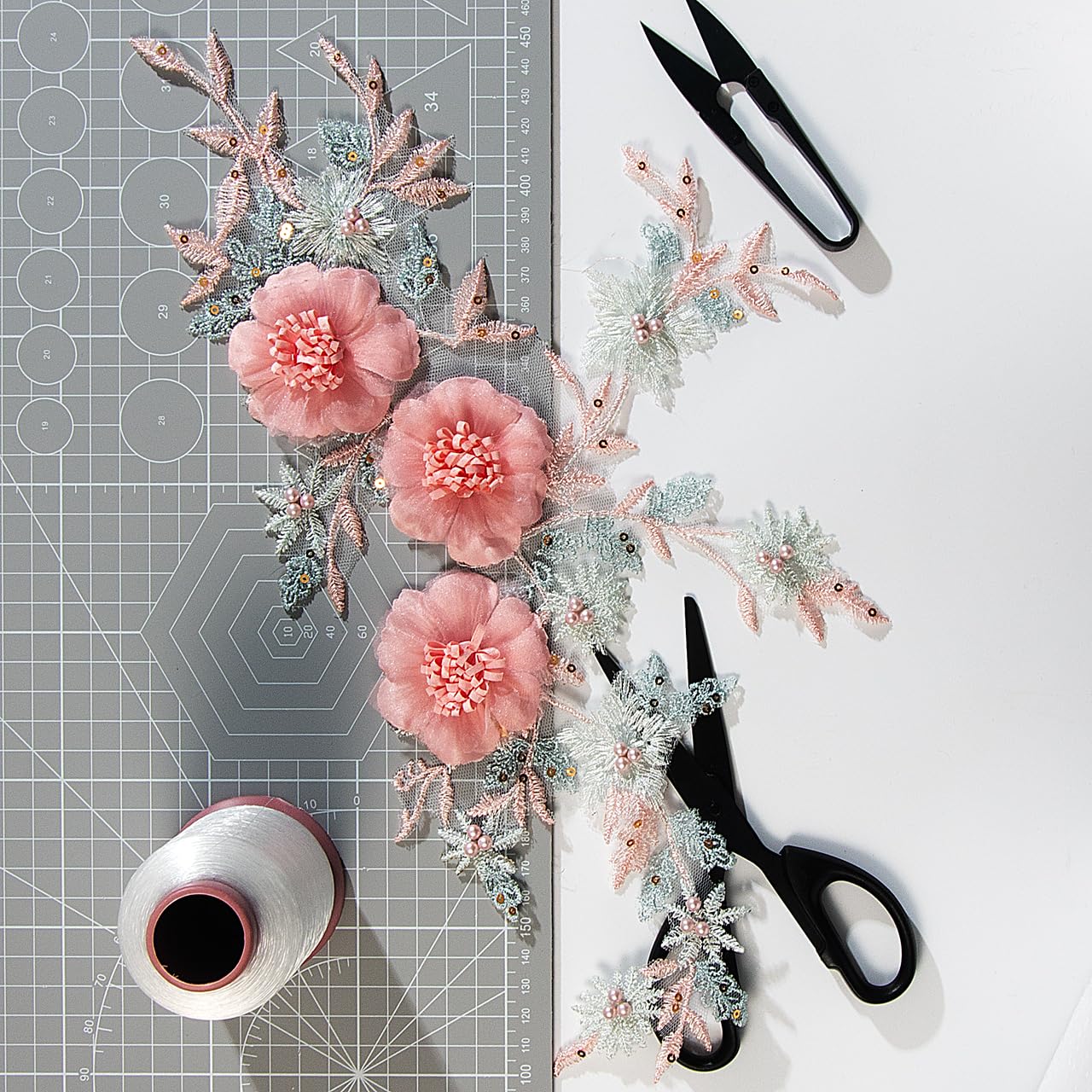 Silvora 3D Embroidered Beaded Pearl Flower Fabric Lace Applique, Handmade Sewing Tool for DIY Wedding Bridal Dress Floral Clothes Patches (Pink-Green)