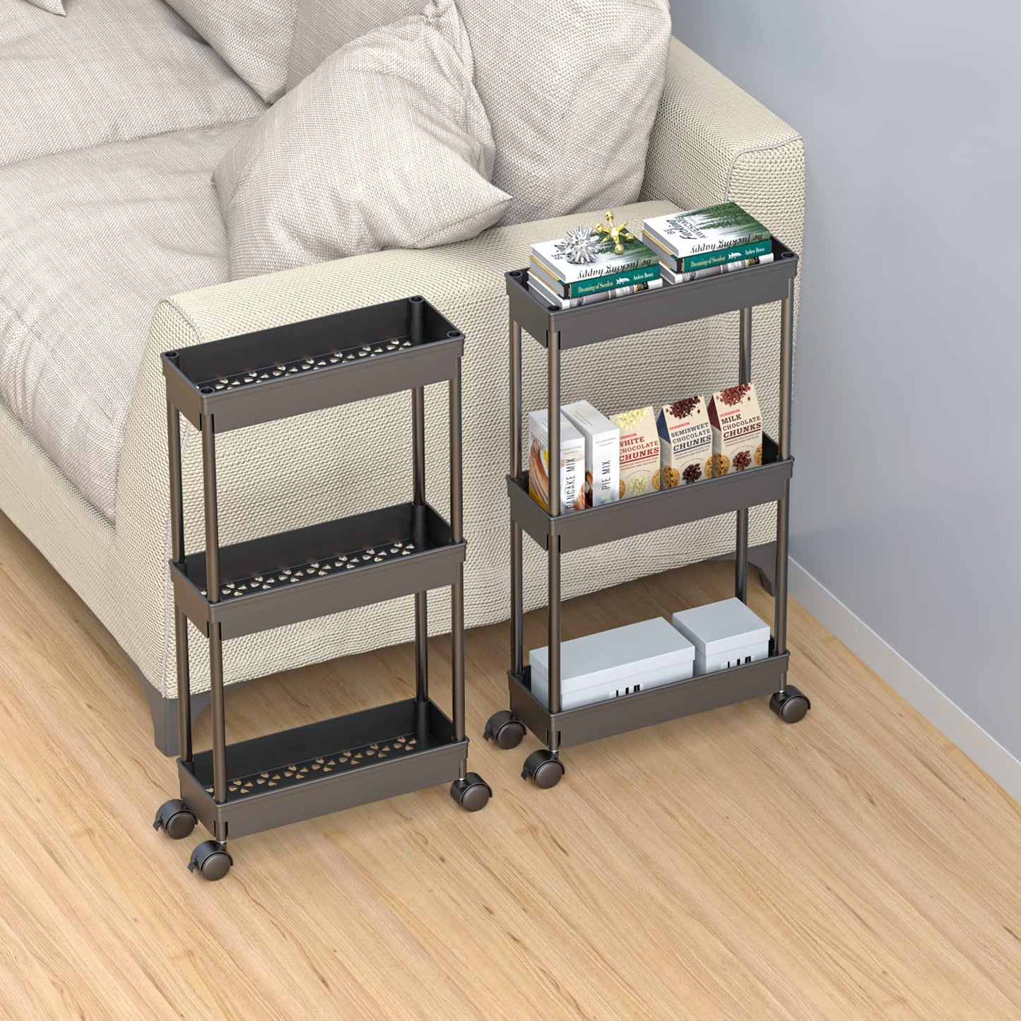 Tier Rolling Cart with Wheels,Slim Storage Cart,Narrow Storage Cabinet,Under Desk Storage,Rolling Utility Cart Storage Organizer for Office Bathroom Kitchen Laundry Room Narrow Places, Black