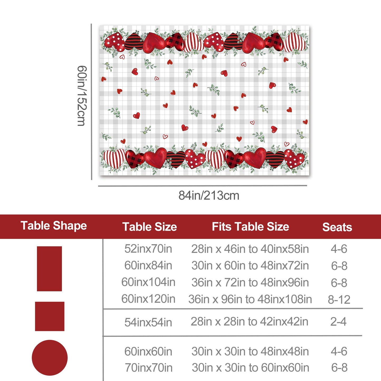 Valentines Day Tablecloth 60×84 Inch, Buffalo Plaid Valentine's Decorations for Home Table Cloth Rectangle, Valentine Day Red Heart Decor Tablecloths Polyester for Picnic Party Dinner
