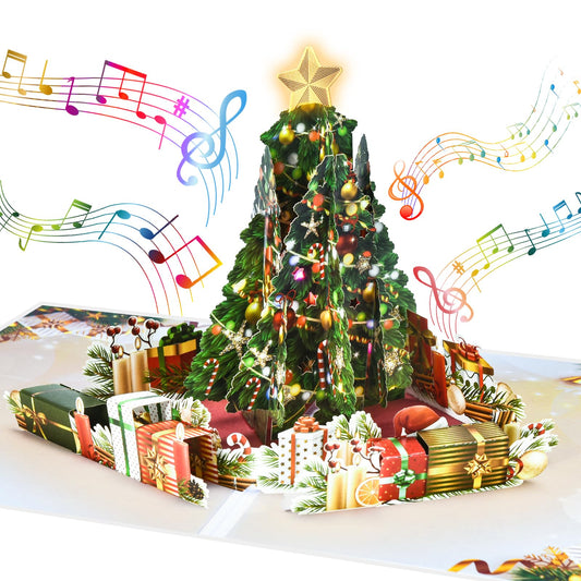 Venhoo Pop Up Christmas Cards with Light and Music, Christmas Tree Design, Handmade 3D Popup Musical Greeting Card for Christmas Holiday Includes Envelop, Playing-We Wish You a Merry Christmas