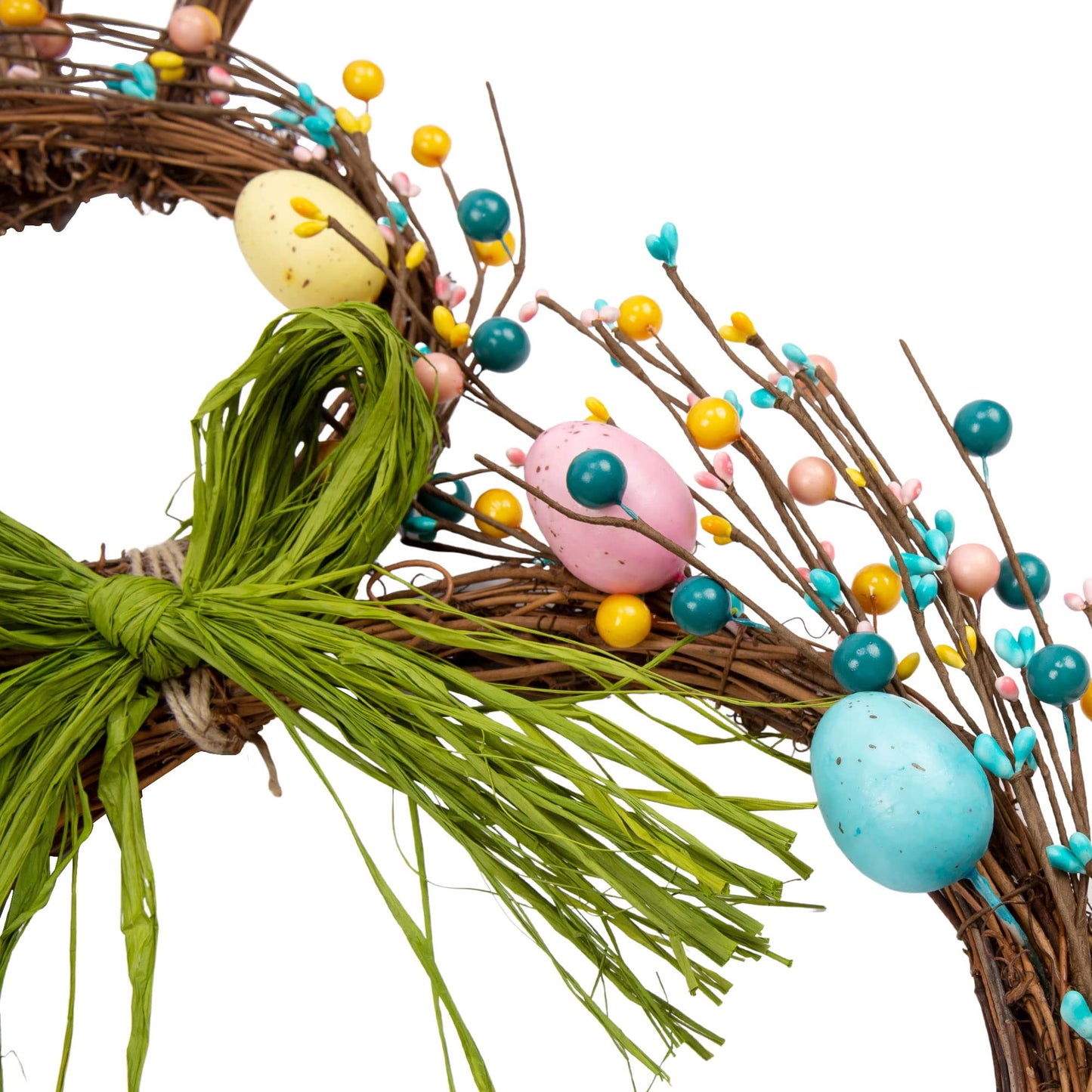 27 Inch Artificial Easter Wreath for Front Door Rabbit Wreath with Pastel Eggs and Mixed Twigs Spring Bunny with Raffia Bow for Easter Decorations