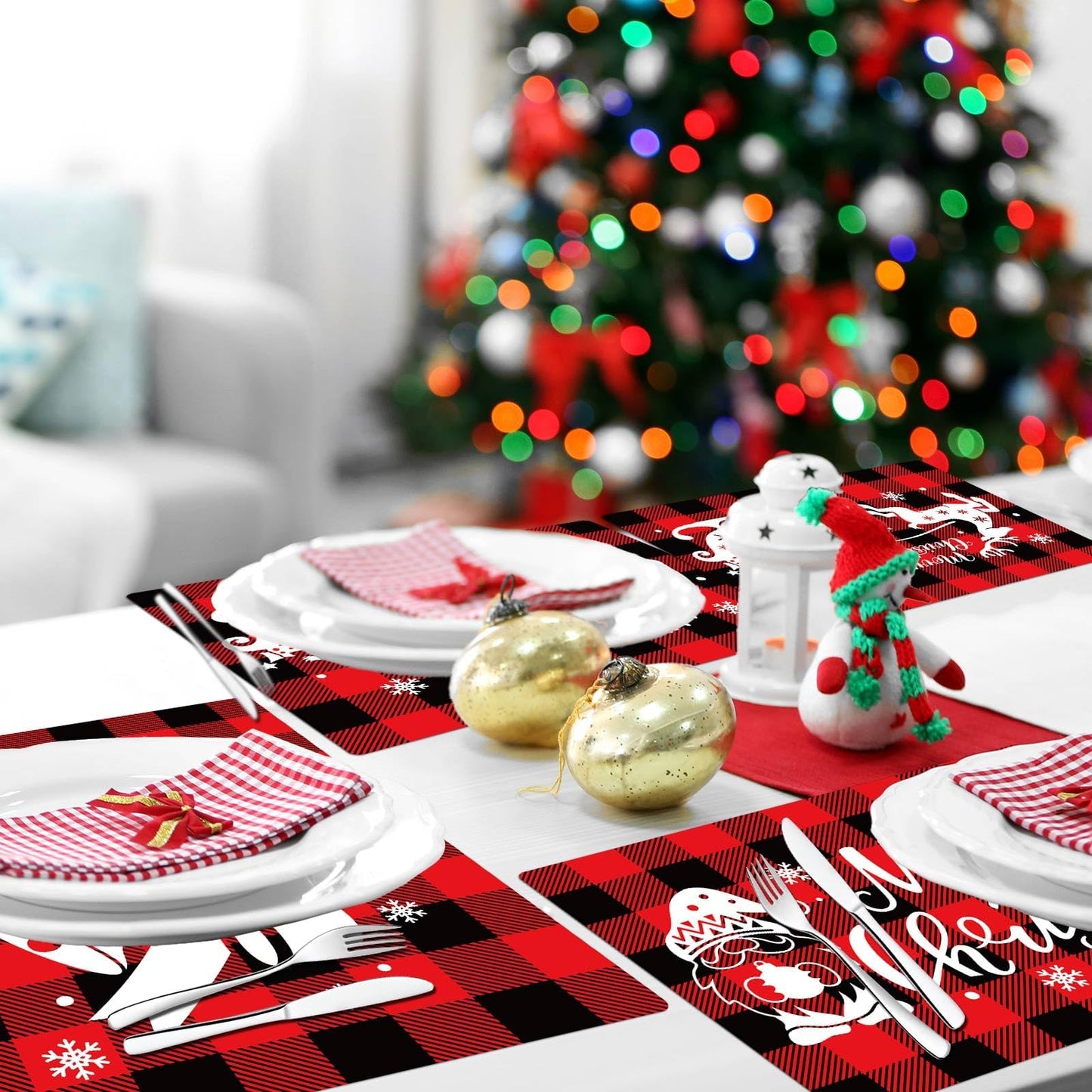 Christmas Placemats Set of 6 Red and Black Plaid Table Mats Plastic Xmas Recyclable Place Mats Washable Holiday Table Decoration for Indoor Outdoor Christmas Party Kitchen Dining