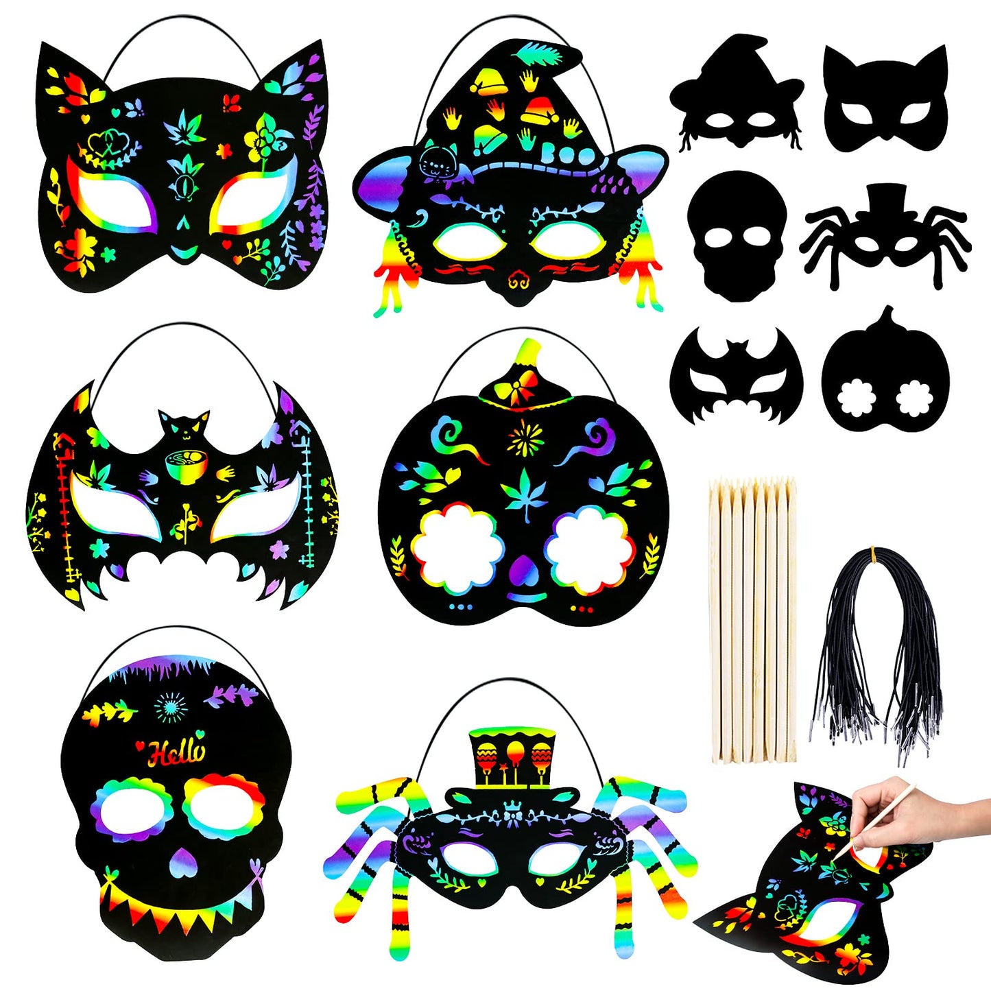 Halloween Crafts, 42PCS Halloween Rainbow Scratch Mask, Magic Scratch Paper Art for Kids Birthday Classroom Decoration for Halloween Party Favors Gifts Party Games Projects Kits