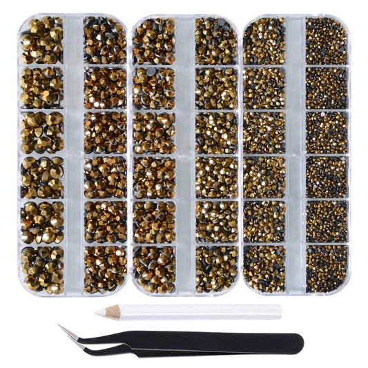 7000pcs+ Flatback Glass Hotfix Iron On Rhinestones Crystal for DIY Making with 1 Tweezer & 1 Picking Pen for Shoes, Clothes, Face Art, Bags, Manicure (Mine Gold, 5-Sizes)