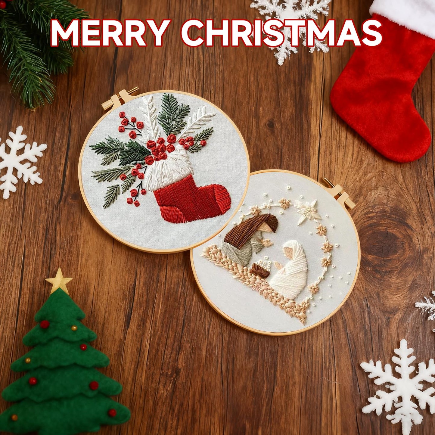 Christmas Embroidery Kit, 4 Pack Cross Stitch Kits,DIY Embroidery Starter Kit for Adults & Beginners, DIY Needlepoint Kit with Embroidery Hoop Thread Needle for Craft Lover Birthday Gifts 2