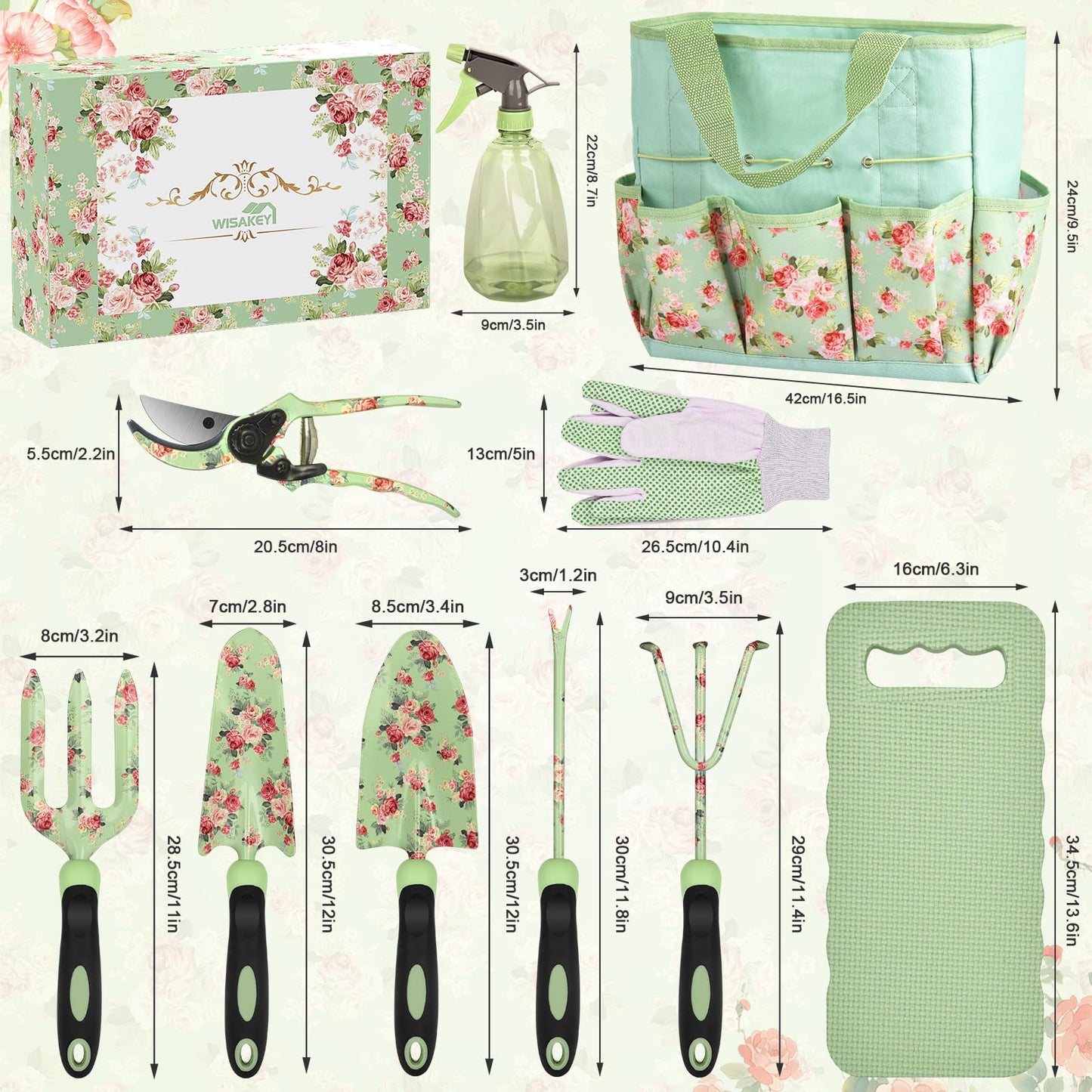 Gardening Tools, WisaKey 10 Piece Heavy Duty Garden Tools Set with Handle, Durable Fashion Garden Organizer Handbag, Ideal Gardening White Elephant Gifts Gift for Woman