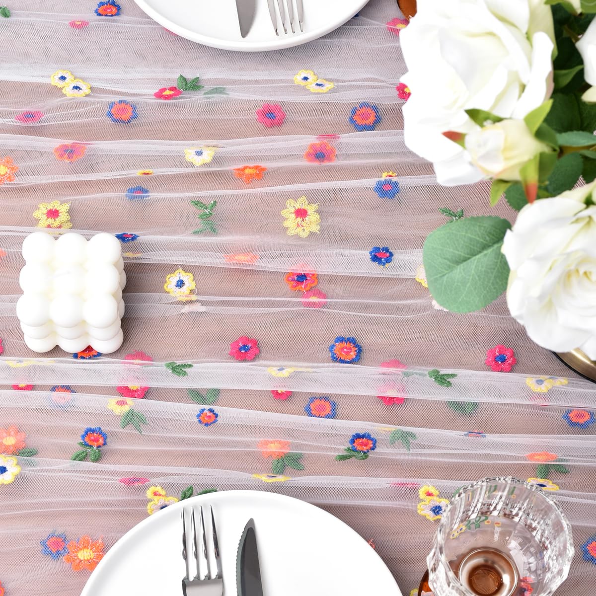 Ivory Embroidery Daisy Spring Summer Table Runner 10ft Florals Seasonal Easter Tulle Table Runner Holiday Kitchen Dining Table Decoration for Home Party Indoor