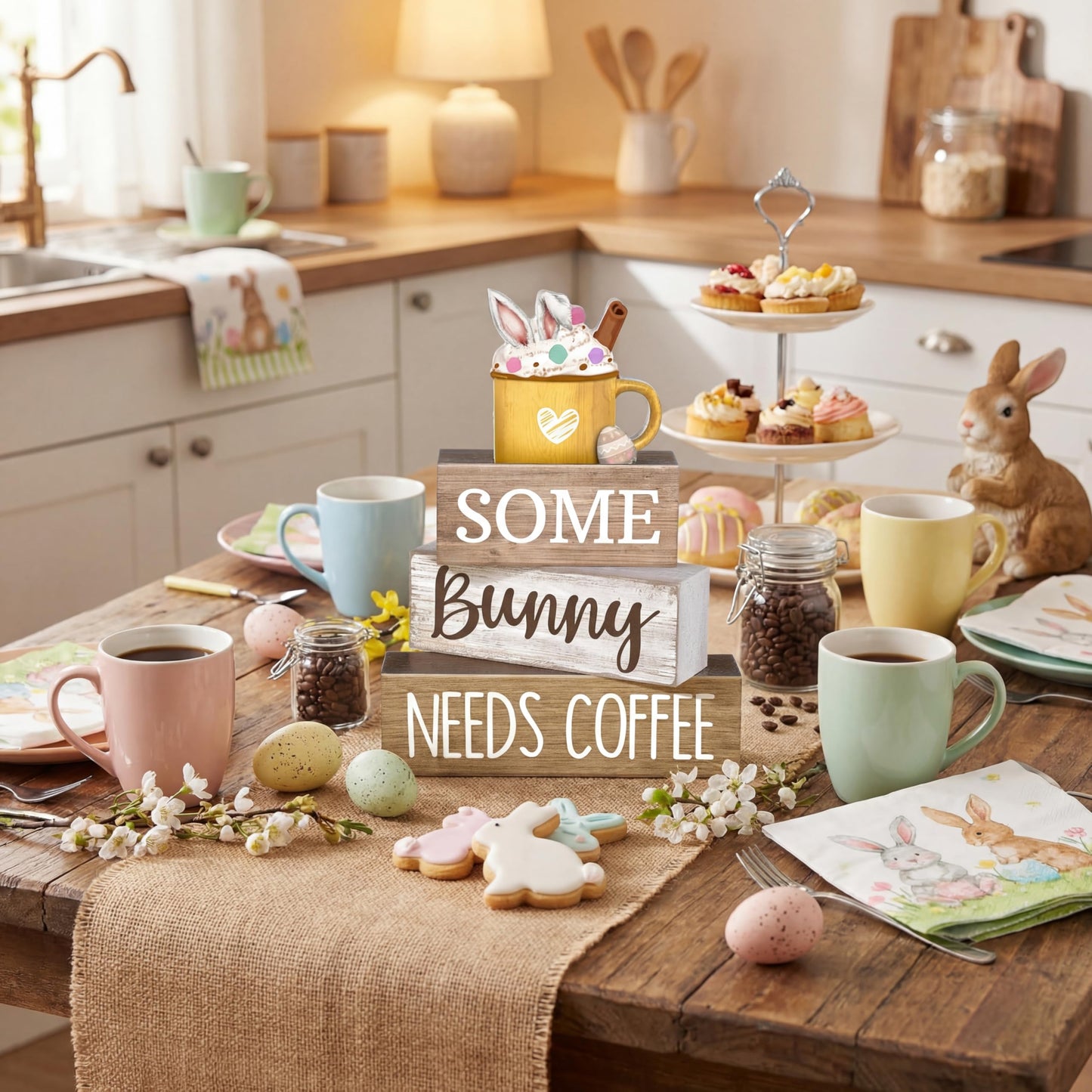 4 Pcs Easter Table Decorations Wooden Coffee Bunny Tiered Tray Decor Happy Easter Centerpiece for Tables Decorative Rabbit Block Signs Gifts Farmhouse Rabbit Decor for Home Kitchen Shelf