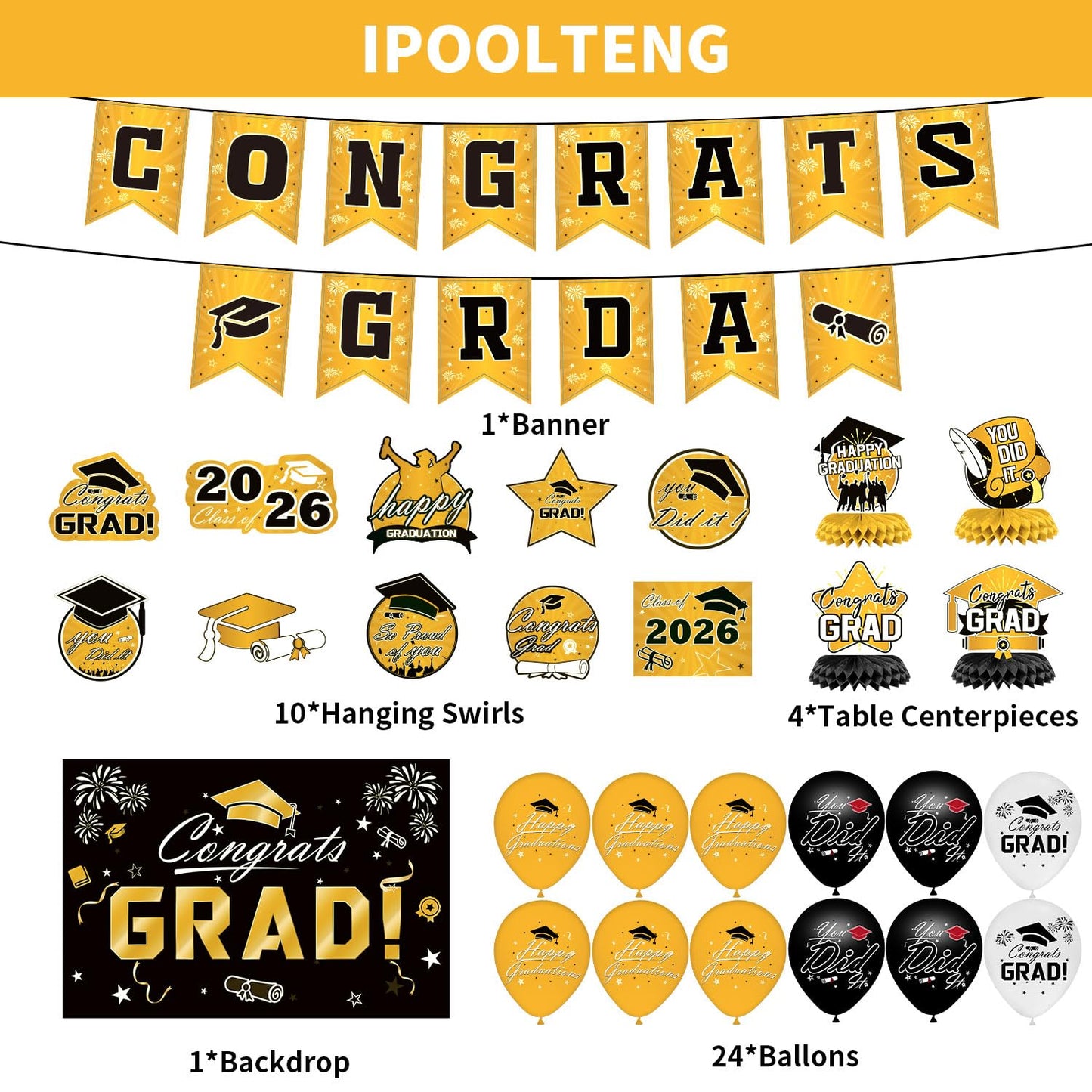 Graduation Decorations 2026 Set - Gold Themed Congrats Grad Banner, Backdrop, Hanging Swirls, Balloons - Complete Party Supplies for High School, College Graduation Decorations