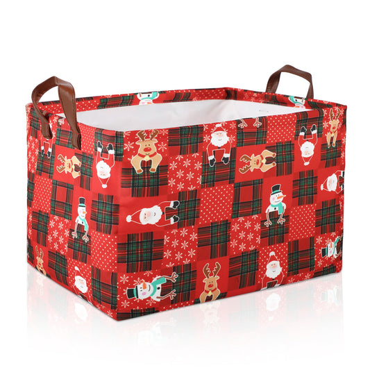 Funnewban Christmas Red Storage Bin Basket Collapsible with Leather Handles Waterproof Canvas Storage Cube Box for Closet Toys Clothes Snowman Santa Room Decor Gift Basket