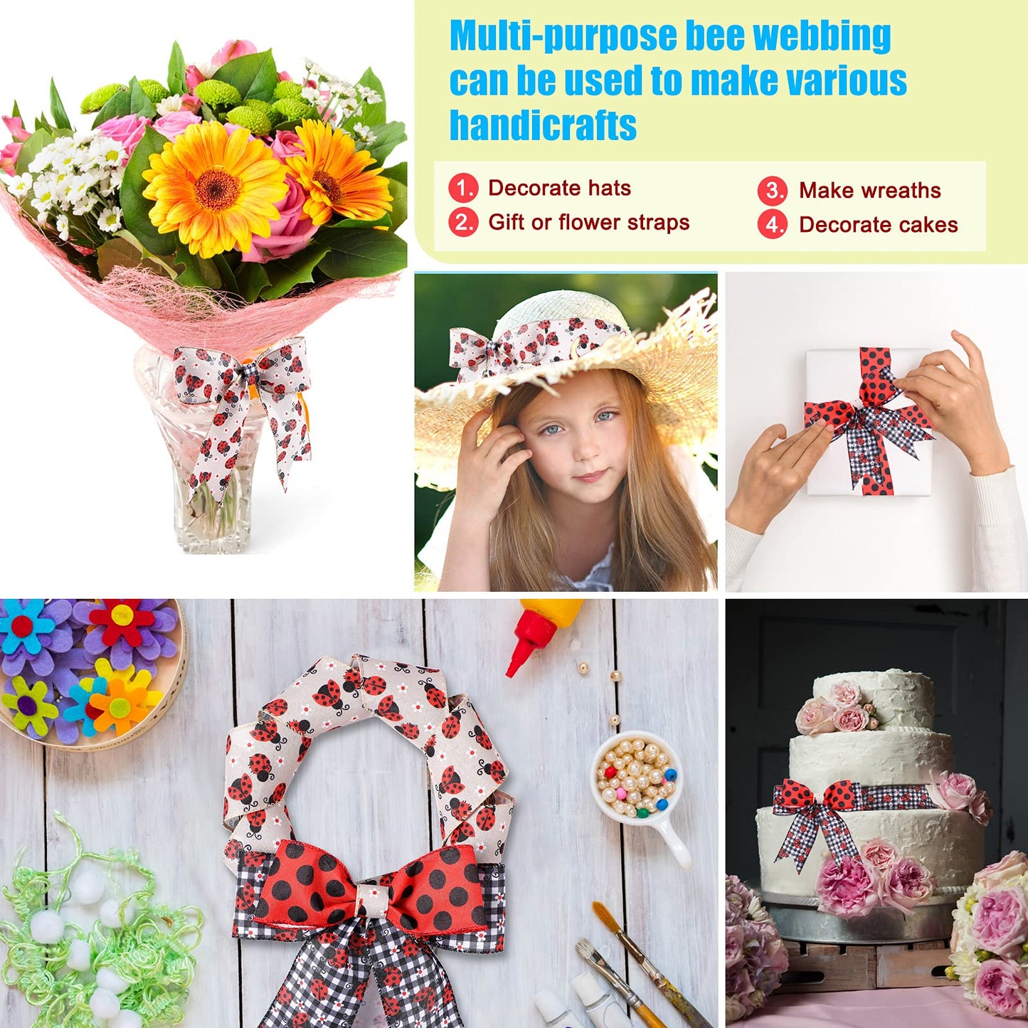 WILLBOND 4 Rolls 2.5 Inch x 24 Yard Ladybugs Ribbons Ladybug Wired Ribbon Red Polka Dot Wired Edge Ribbon for Ladybug Party Decoration