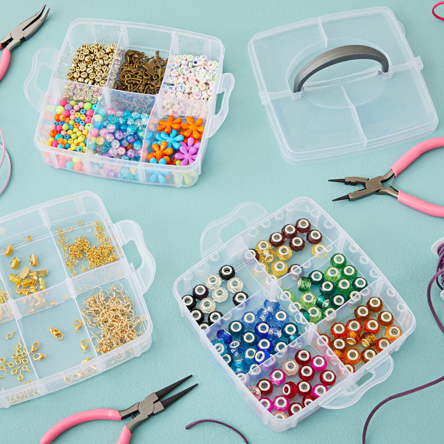 Juvale 3 Tier Stackable Storage Containers with Adjustable Compartments for Beads, Sewing Accessories, Arts and Crafts Supplies (6 x 6 x 5 In)