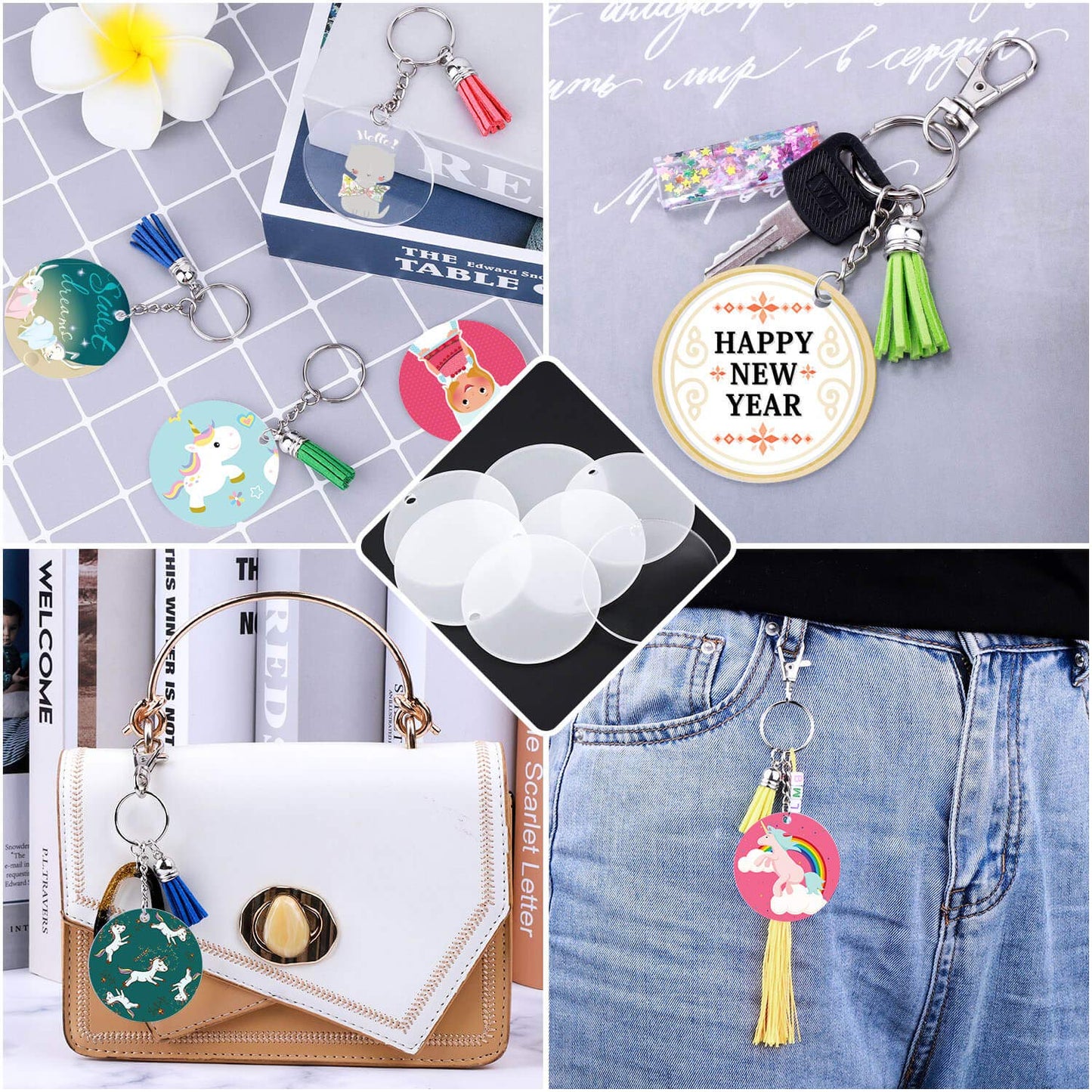 Audab Acrylic Keychain Blanks Kit - 120pcs Including Clear Acrylic Blanks, Keychain Tassels, Key Rings, Jump Rings for DIY Key Chain Vinyl Crafting