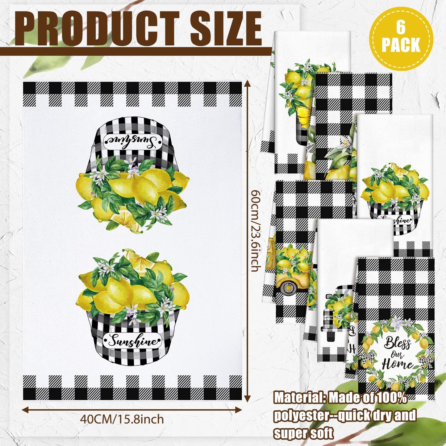 Redbaker 6 Pcs Lemon Kitchen Towels Lemonade Dish Towels with Sayings Decorative Hand Tea Dishcloths for Kitchen Decor with Hanging Loop for Housewarming Gift(Black White,Plaid Lemon)