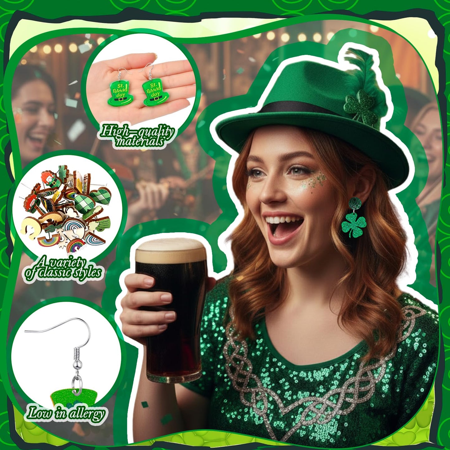 36 Pairs Wooden St. Patrick's Day Earrings Irish Shamrock Green Dangle Earrings Accessories for Women Saint Patrick Jewelry Gifts