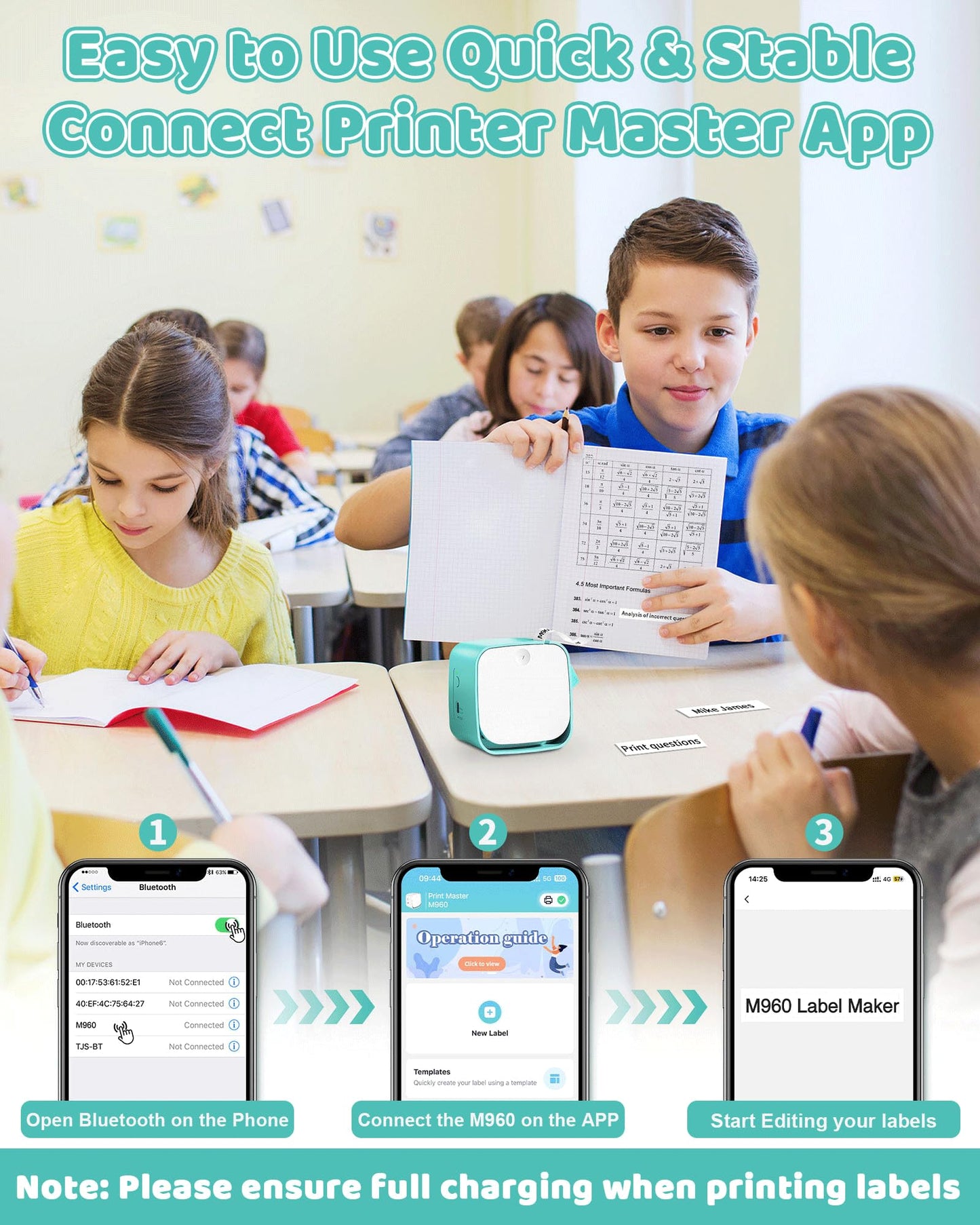 Vixic Bluetooth Label Maker - Rechargeable Mini Labeler Machine with Tape, M960 Label Sticker Portable Printer, Multiple Icon Fonts for Kids School Home Business Office Organization