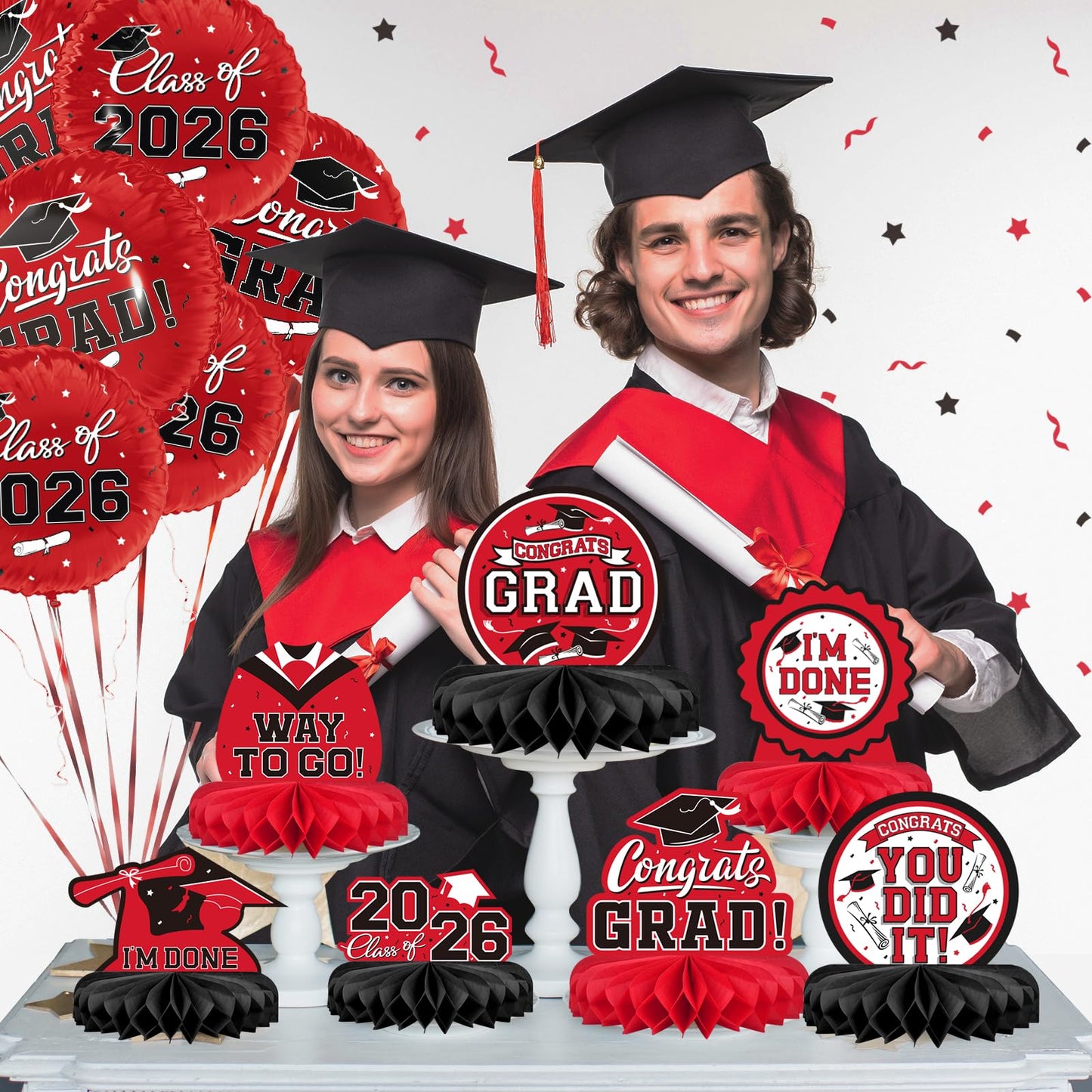 9PCS Graduation Decorations 2026 Congrats Grad Table Centerpiece Congratulate Graduation Honeycomb Table Toppers for Graduation Party Supplies(Red,Black）