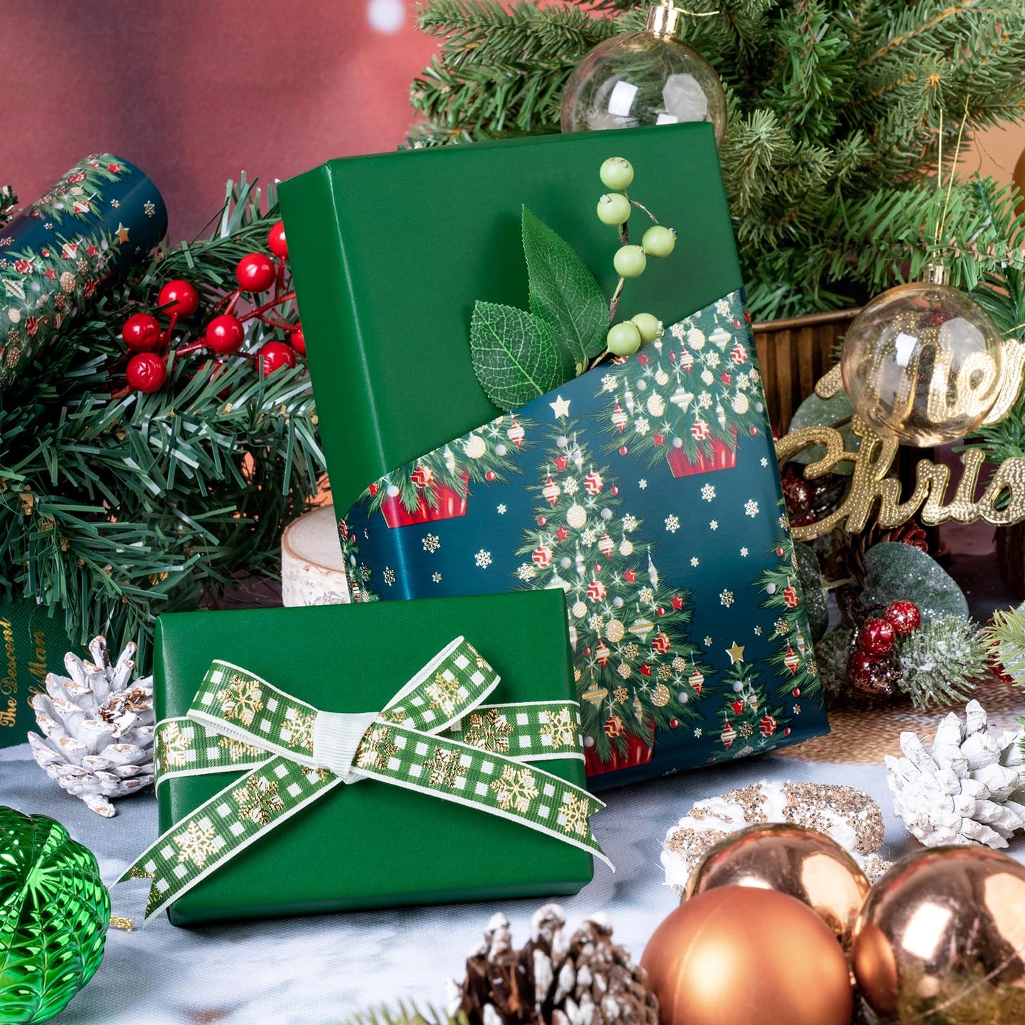 Reversible Green Christmas Wrapping Paper - Mini Roll - 17 Inch x 33 Feet - Green Christmas Tree Wrapping Paper for Holiday, Party Celebration