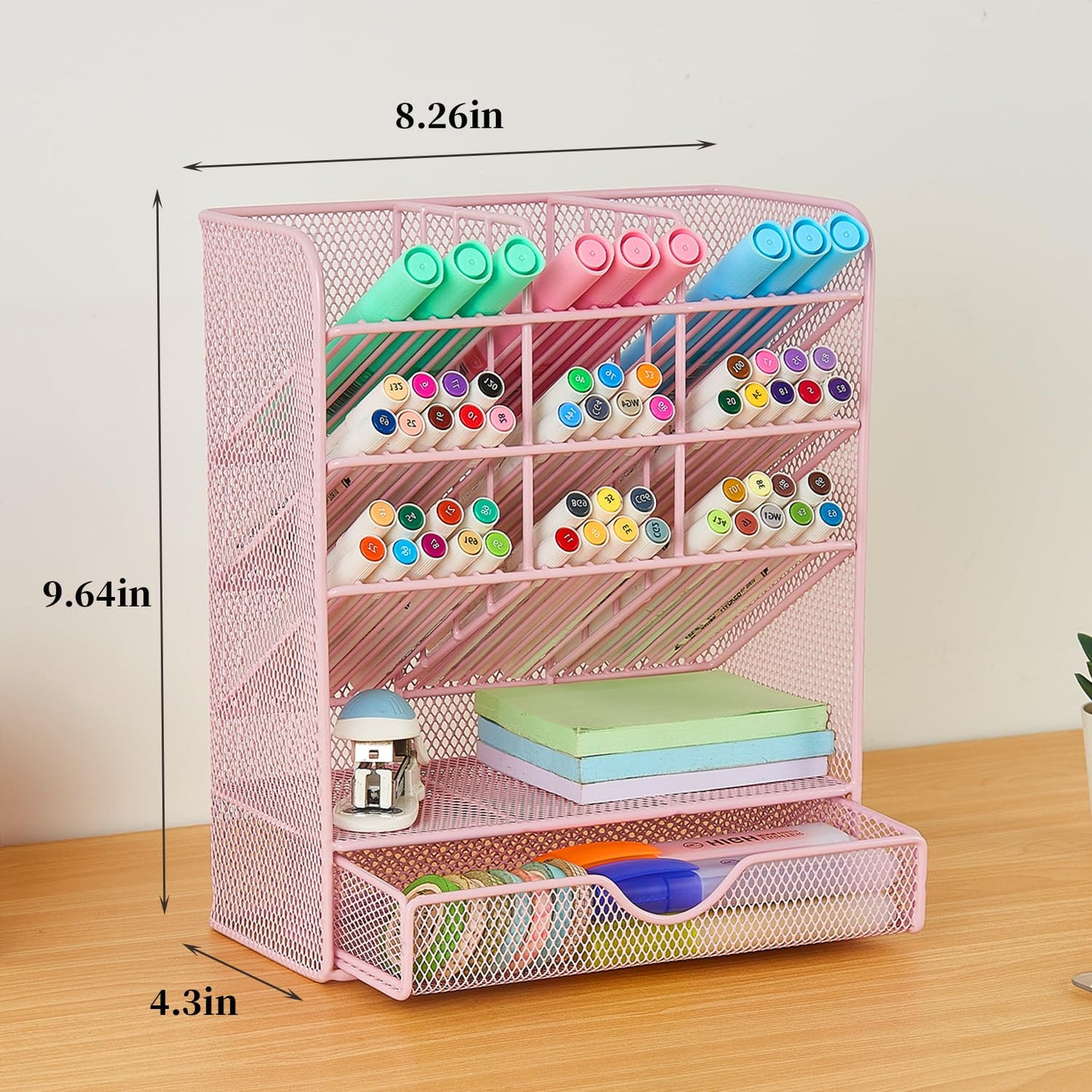 Spacrea Pen Holder Desk Organizer - Desk Organizers and Accessories, Pencil Holder with 10 Compartments and 1 Drawer（Pink）