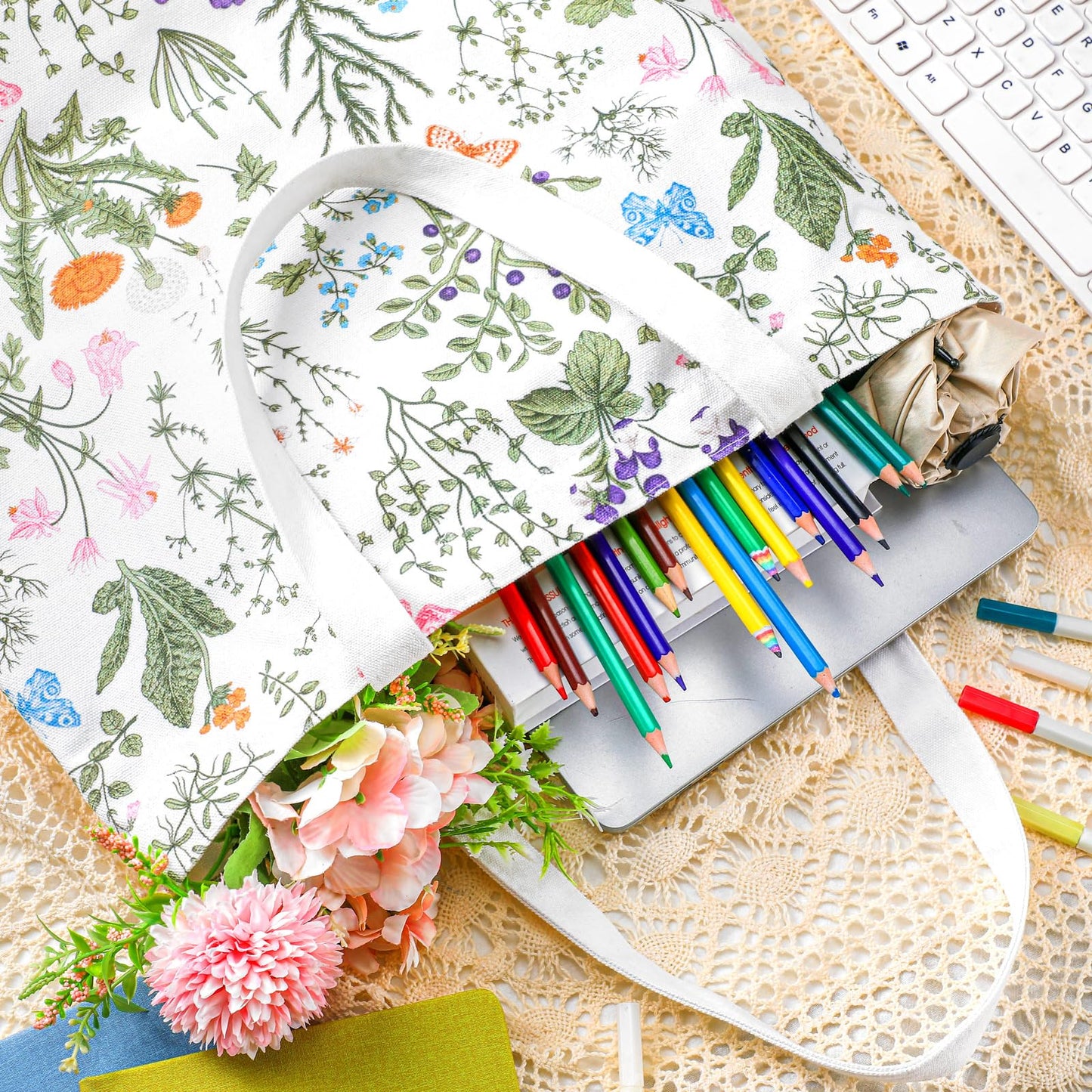 2 Pcs 2 Pcs Spring Canvas Tote Bags Floral Tote Bag Cute Aesthetic Wildflower Herbs Reusable Grocery Bags for Women (Classic)