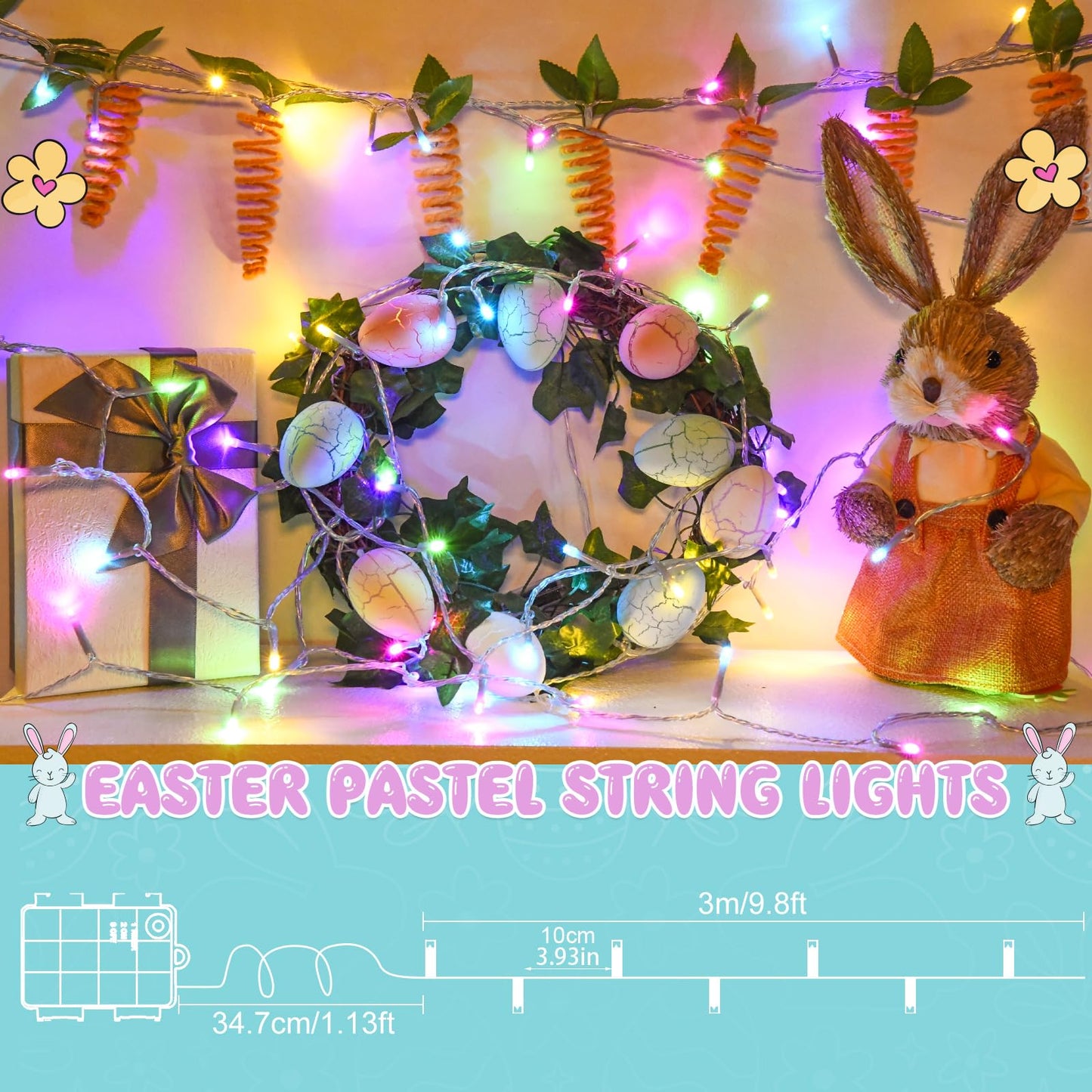 Easter String Lights Battery Operated,Pastel Easter Lights with Timer 9.8ft 30LED Transparent Wire Fairy Lights for Easter Decorations Garland Outdoor Indoor Party