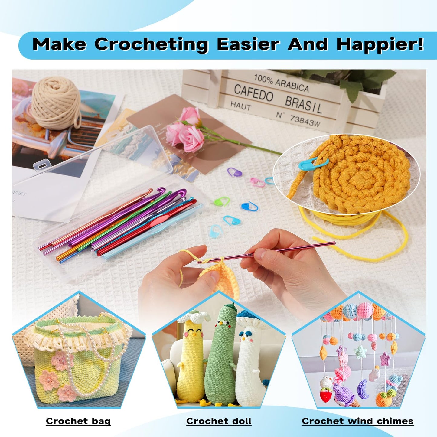 Mayboos 35 Pcs Crochet Hooks Set, Coloured Aluminum Ergonomic Handle Crochet Knitting Needles Craft Yarn for Beginners and Experienced Crochet Hook