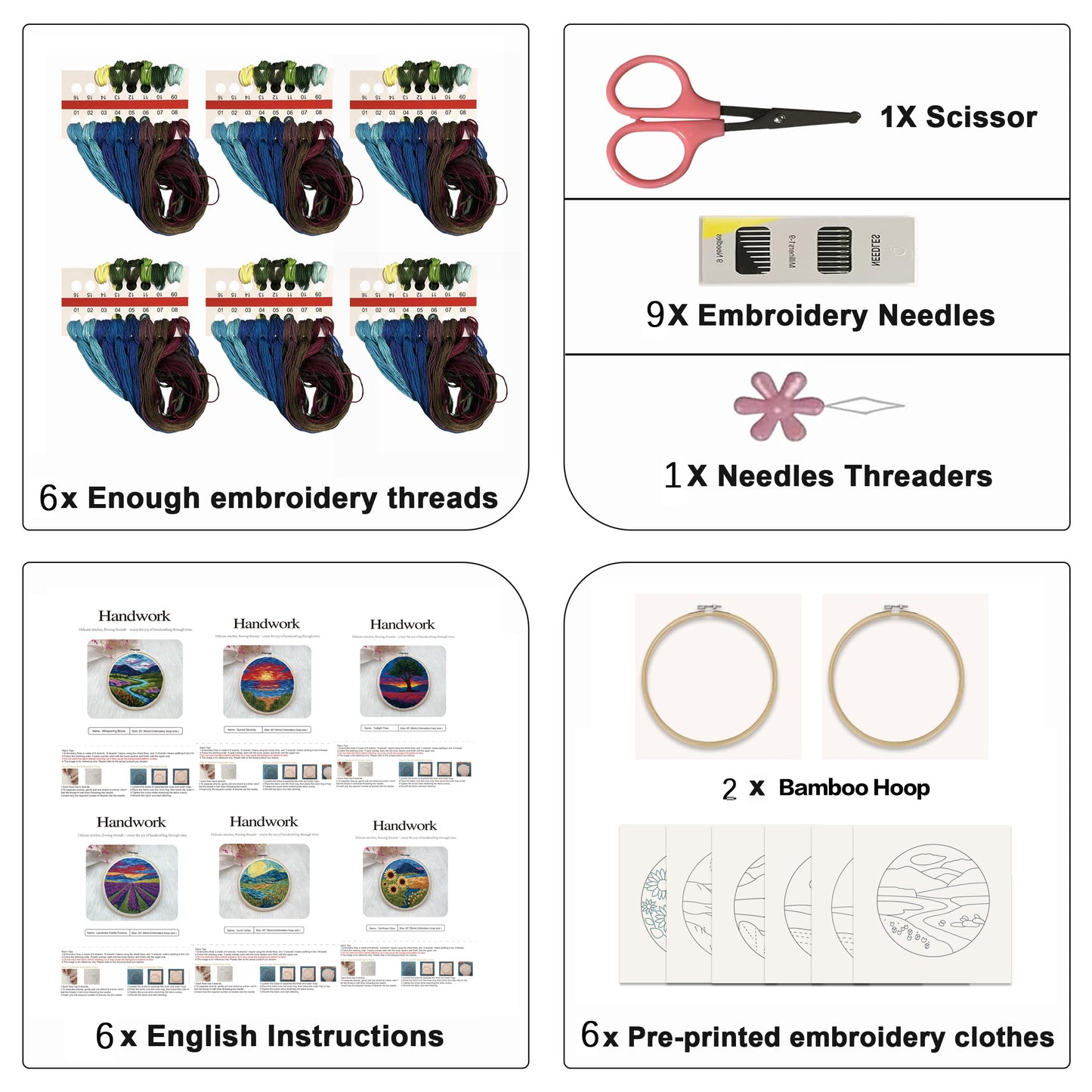 Maydear 6 Pack Embroidery Starter Kit with Pattern, Stamped Cross Stitch Kits for Beginners Adults with Embroidery Hoop and Instructions, Hand Embroidery Kit (Landscape six Sets)