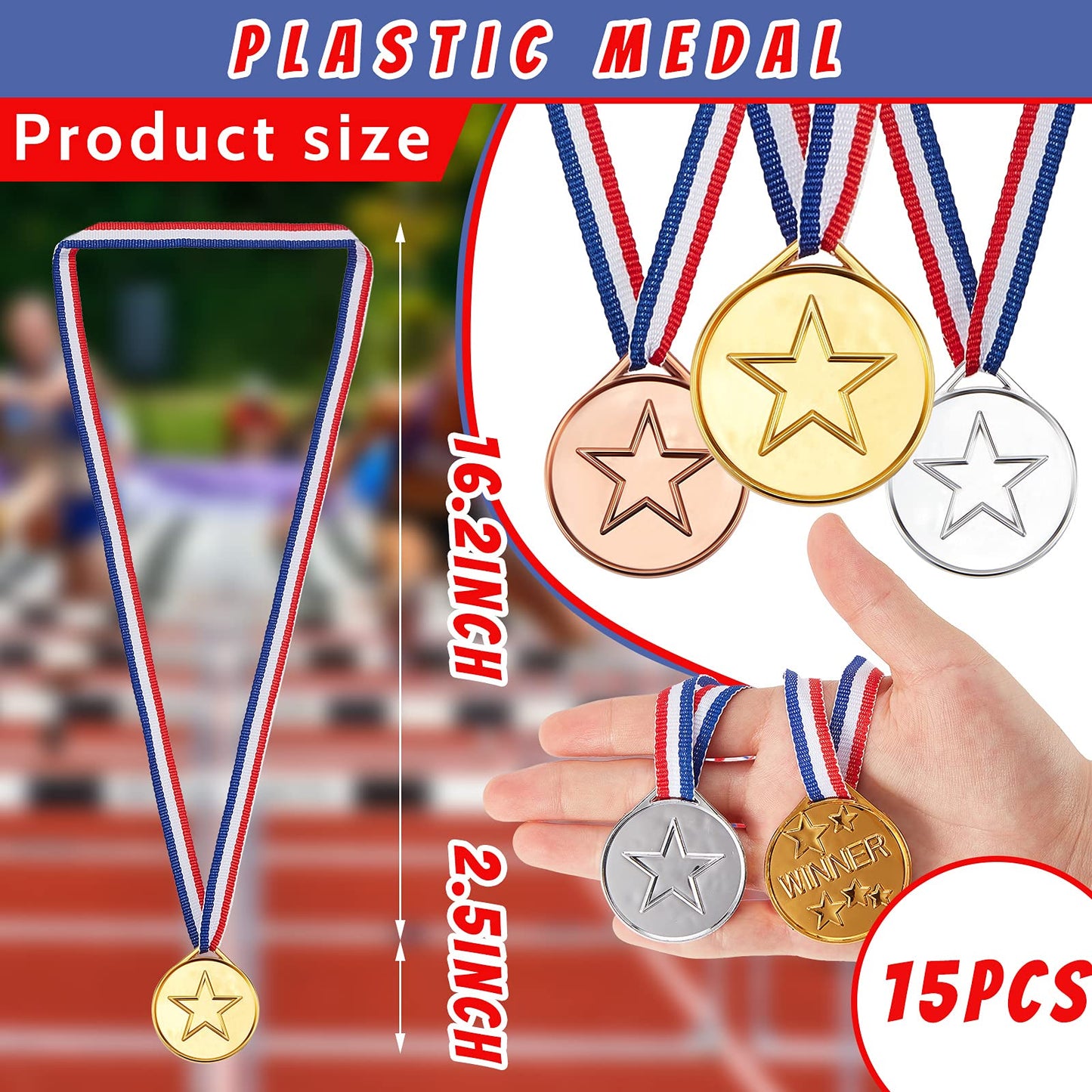 18 Pieces Olympics Party Decorations 15 Pieces Gold Silver Bronze Plastic Medals for Awards 3 Pieces 15 Inch Olympic Torch Prop for Medieval Luau Themed Party Sports Competitions