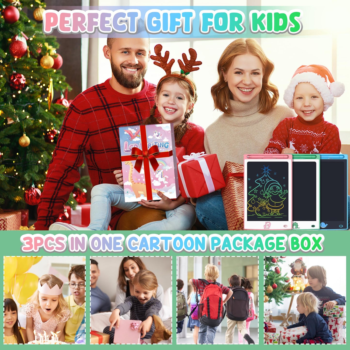 FLUESTON Toys LCD Writing Tablet Toddler,Toys for Boys Girls 3 4 5 6 7 8year, Drawing Pad Toy Easter Basket Stuffers for Kids,Drawing Tablet Doodle Board Cute Dinosaur Unicorn 8.8 Inch 3pcs in 1Pack