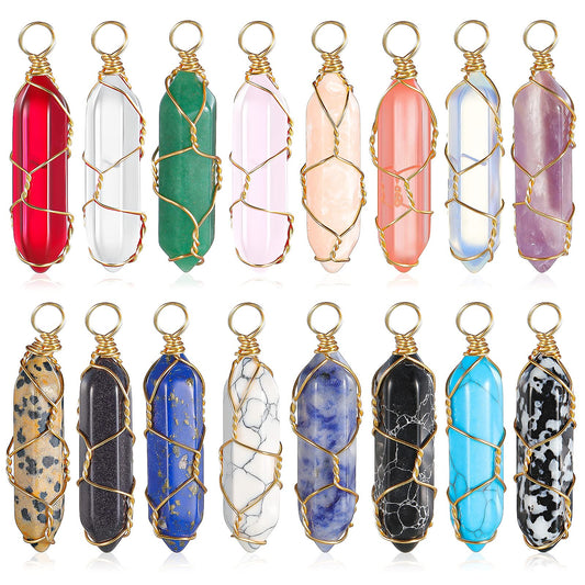 16 Pieces Healing Crystal Pendant Hexagonal Natural Crystal Pendant Pointed Quartz Gemstone Pendant Wire Wrapped Charms for Necklace Jewelry Making DIY Craft (Lovely Colors)