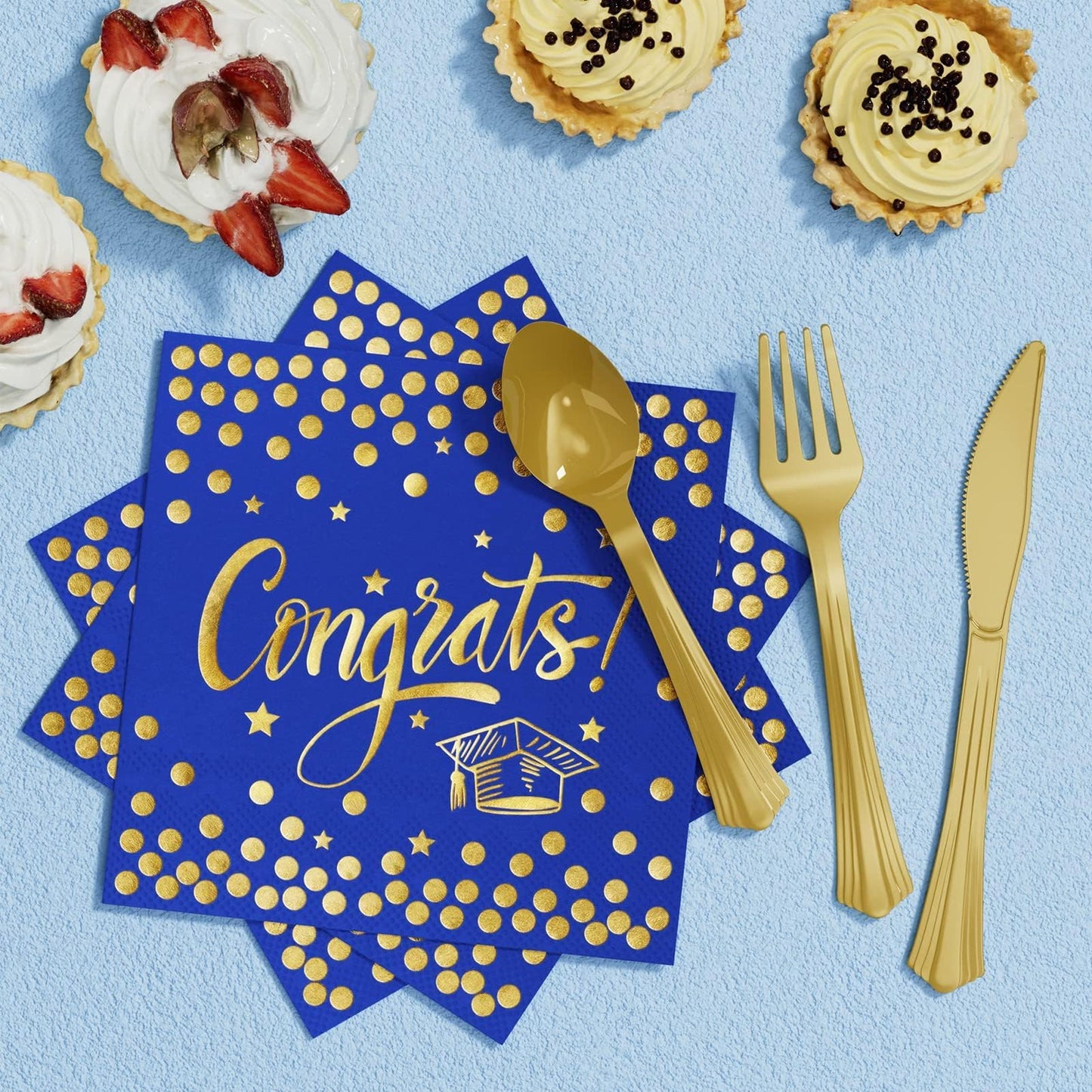 Ecomore Graduation Decorations 2026-175 PCS Blue Gold Disposable Dinnerware Set, Congrats Grad Party Supplies w/Paper Plates Cups Napkins & Plastic Cutlery, Serves 25 for School College Class 2026
