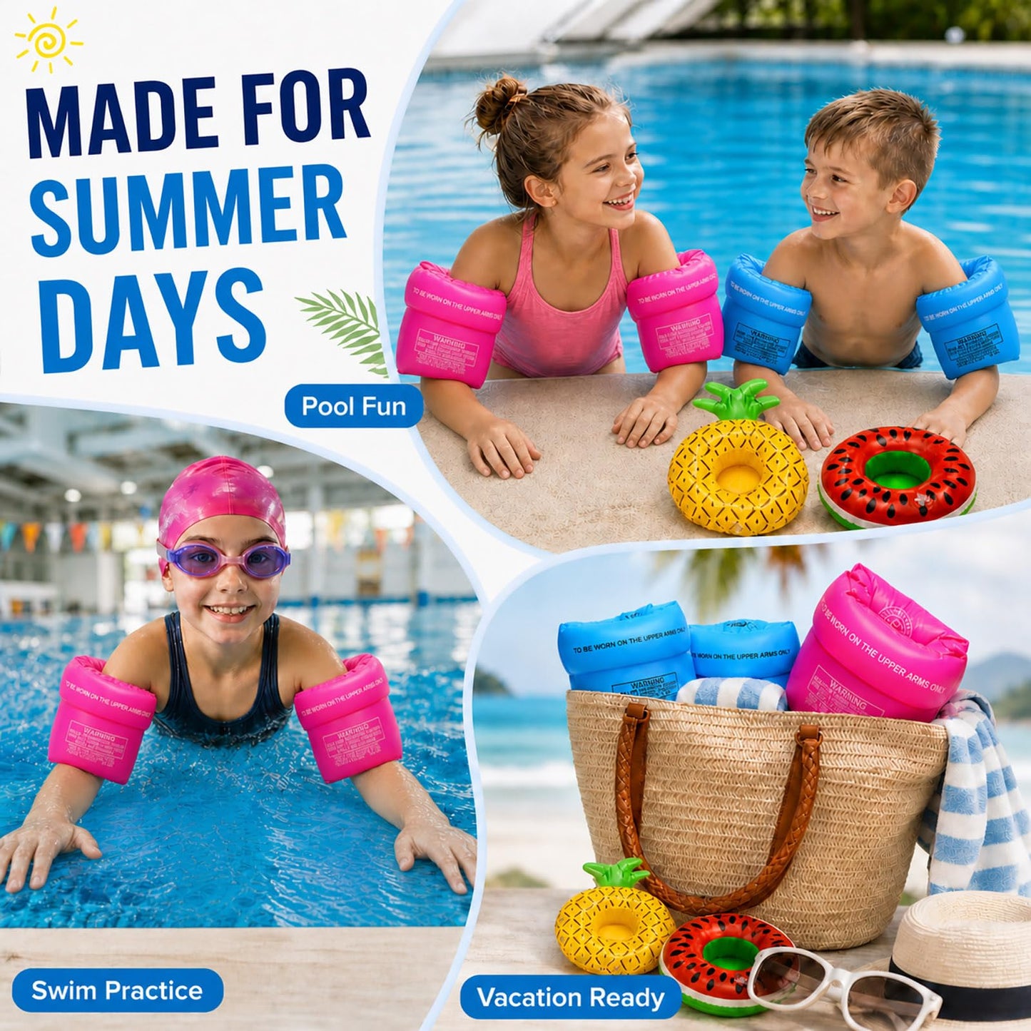 2 Pack Inflatable Arm Floaties for Kids and Toddlers, Blow Up Water Wings, Swimmies Swim Arm Bands for Learn to Swim, Pool Floats for Children and Adults 30-150 lbs
