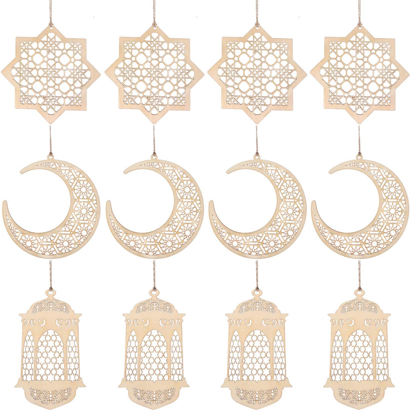 Willbond 12 Pcs Ramadan Wooden Ornaments Eid Mubarak Hanging Hollow Pendant Ramadan Party Wall Decorations Moon Star Lantern Shape Ornament for Muslim Islam Festive Home Table Decoration