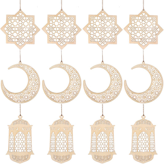 Willbond 12 Pcs Ramadan Wooden Ornaments Eid Mubarak Hanging Hollow Pendant Ramadan Party Wall Decorations Moon Star Lantern Shape Ornament for Muslim Islam Festive Home Table Decoration