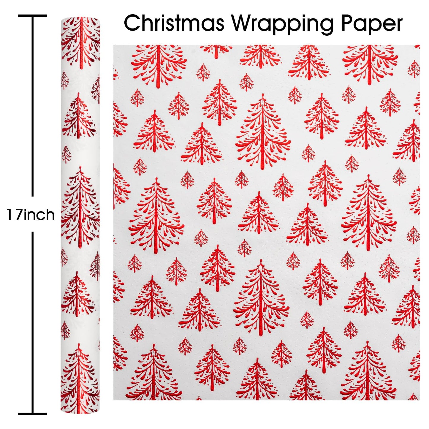 Kraft Christmas Wrapping Paper-White 3D Embossed Gold Foil Christmas Pine Tree with Woodlands for Holiday, Party,Celebration, New Year (17 Inch X 32.8 Feet)