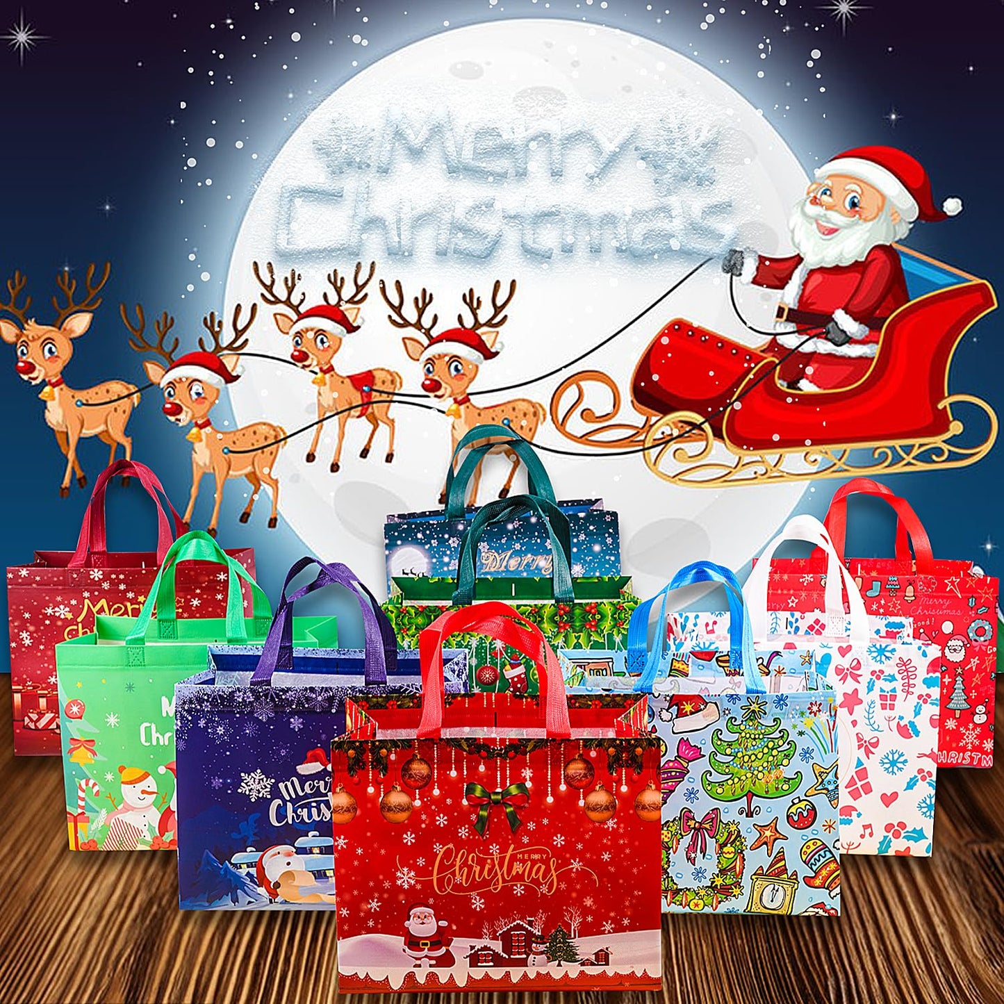 9Pcs Christmas Gift Bags, Christmas Tote Bags with Handles, Reusable Non-Woven Shopping Bags for Xmas Gifts Wrapping Holiday Party Supplies, 12.8"×9.8"×6.7"
